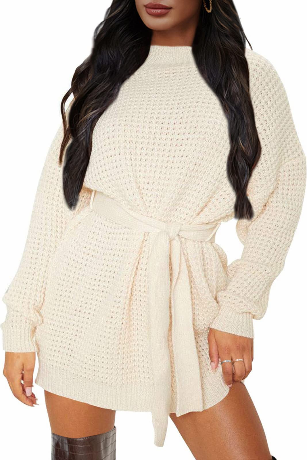 ZESICA Women's Long Sleeve Waffle Knit Tie Waist Tunic Sweater Dress - Fall Winter Pullover Casual Outfit for Work, Date & Holiday Season