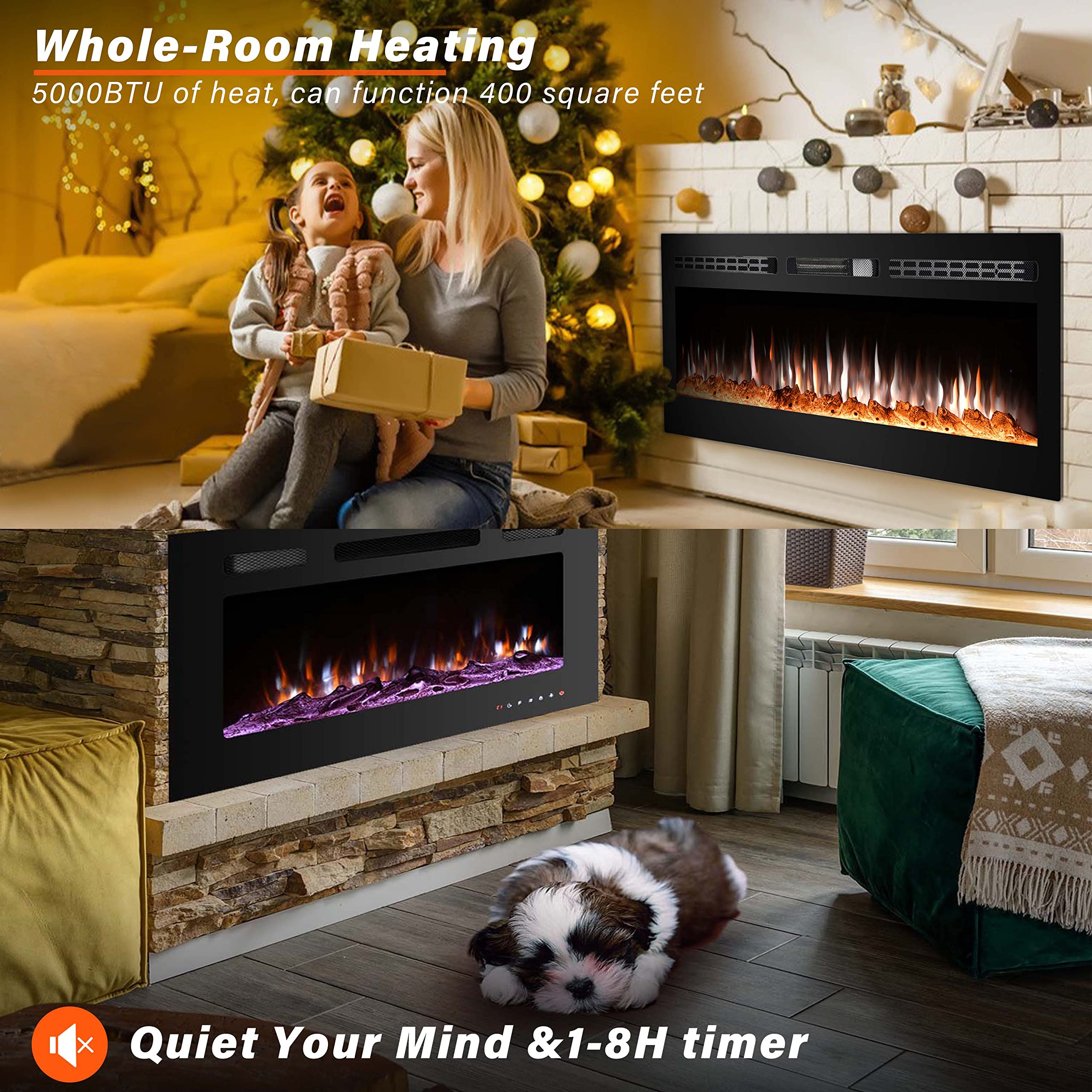 60 Inch Electric Fireplace Insert - Wall Mounted Fireplace with 12 Flame Colors, Remote Control & Timer - Perfect for Living Room, Bedroom, and Office Heating