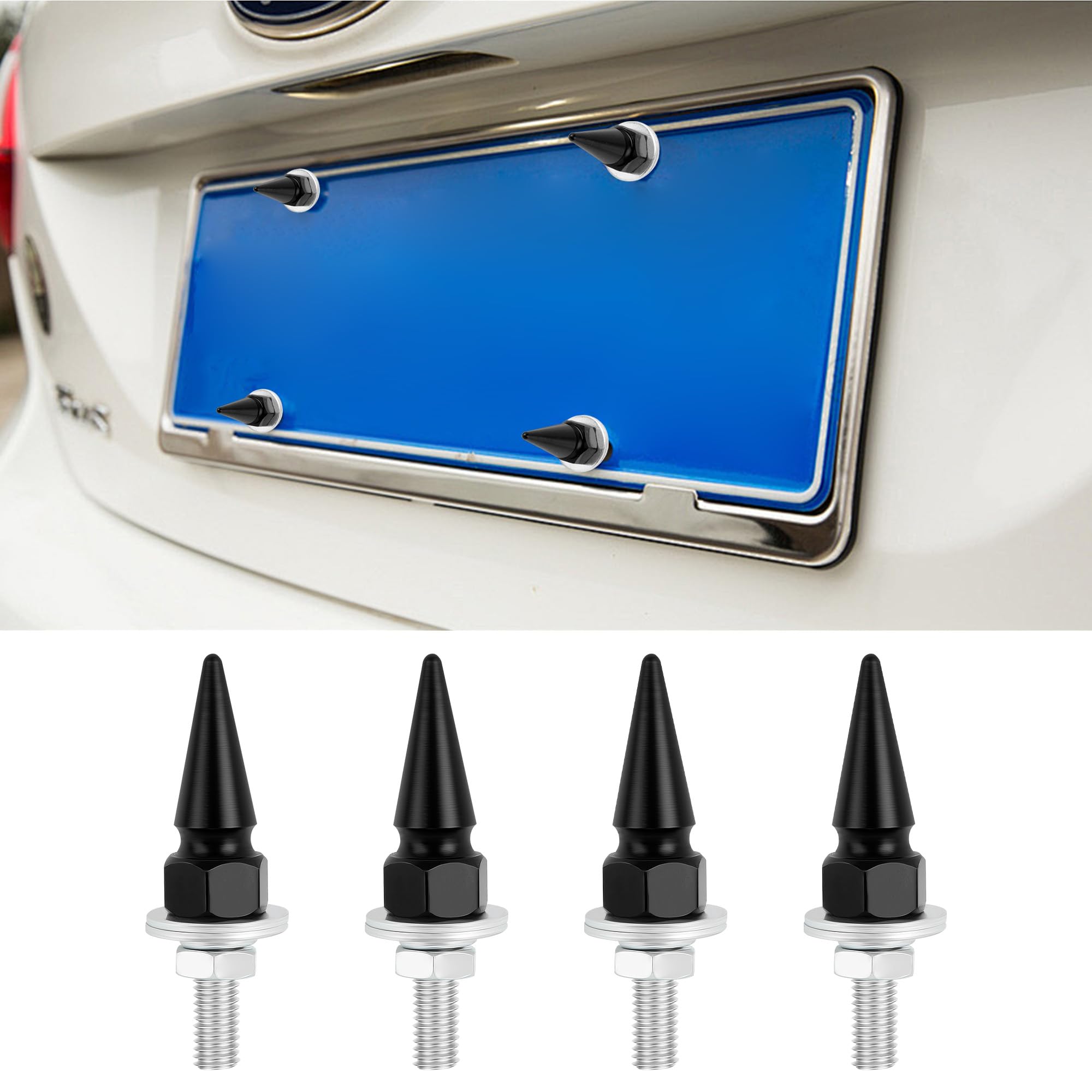 4PCS Black Spiked License Plate Screws - Universal Car & Motorcycle Accessories, Anti-Theft Bolts & Nuts Set for Vehicles, SUVs, Trucks - Perfect for Customizing & Securing Your License Plate