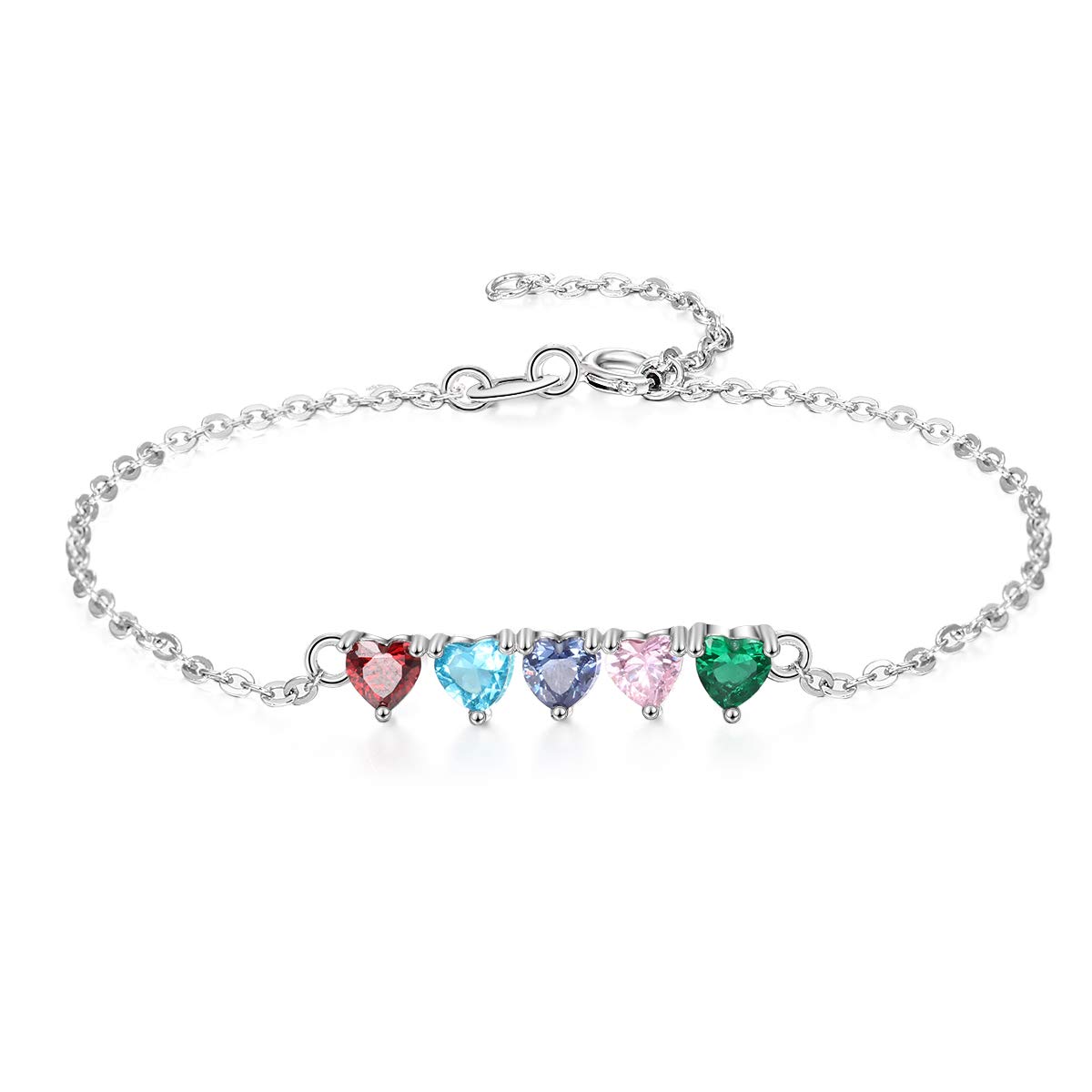 Personalized Heart Bracelets for Women - Custom Name & 5 Simulated Birthstone Adjustable Chain Charm Bracelet - Perfect Gift for Girlfriend, Anniversary, Valentine's Day & Mother's Day