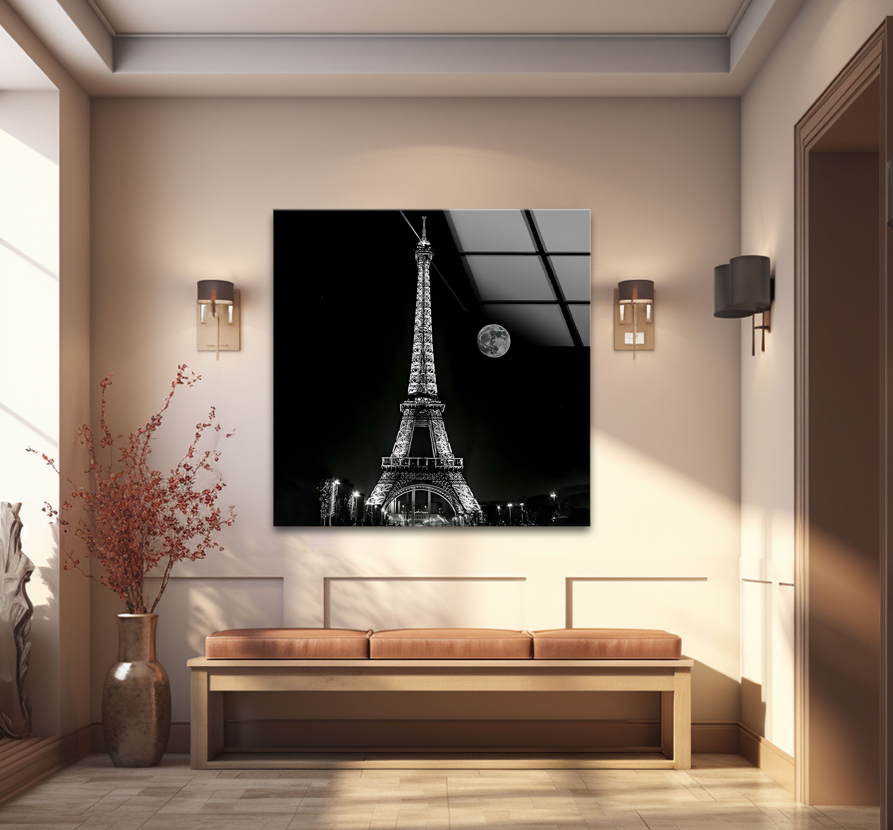 Elegant Black and White Eiffel Tower Glass Wall Art - Parisian Home Decor for Living Room, Bedroom & Office