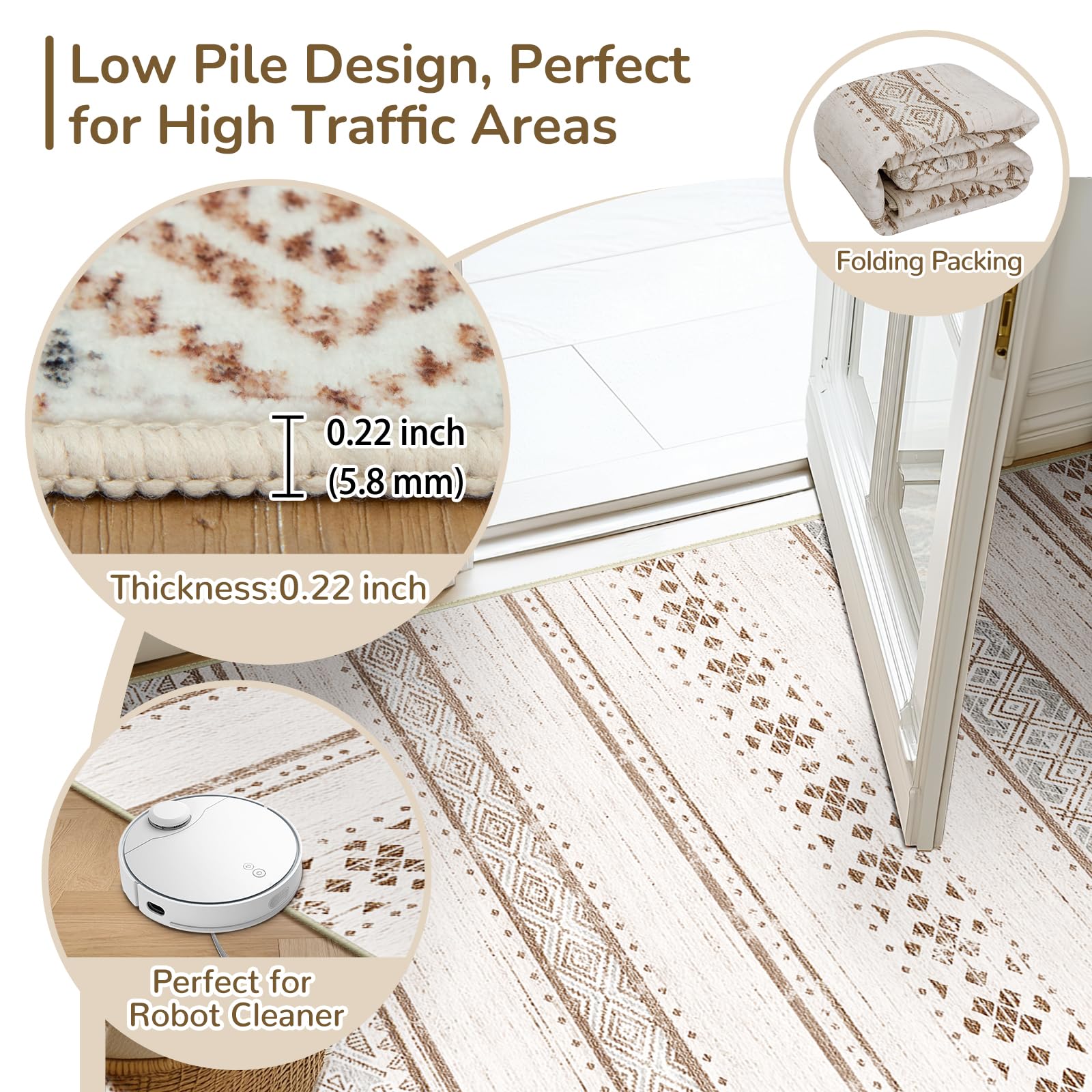 BESTSWEETIE 8x10 Washable Moroccan Farmhouse Area Rug - Soft Low Pile Non-Slip Geometric Print in Cream/Brown/Pink - Perfect for Living Room, Bedroom, Kitchen, Dining Room & Entryway - Neutral Decor for Cozy Home & Farmhouse Style