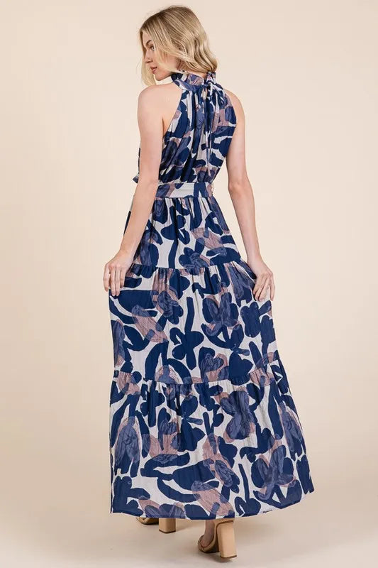 Elegant Halter Neck Tie Waist Tiered Maxi Dress for Women | Summer Beach Vacation Resort Wear | Perfect for Pool Parties, Tropical Getaways and Evening Dinners