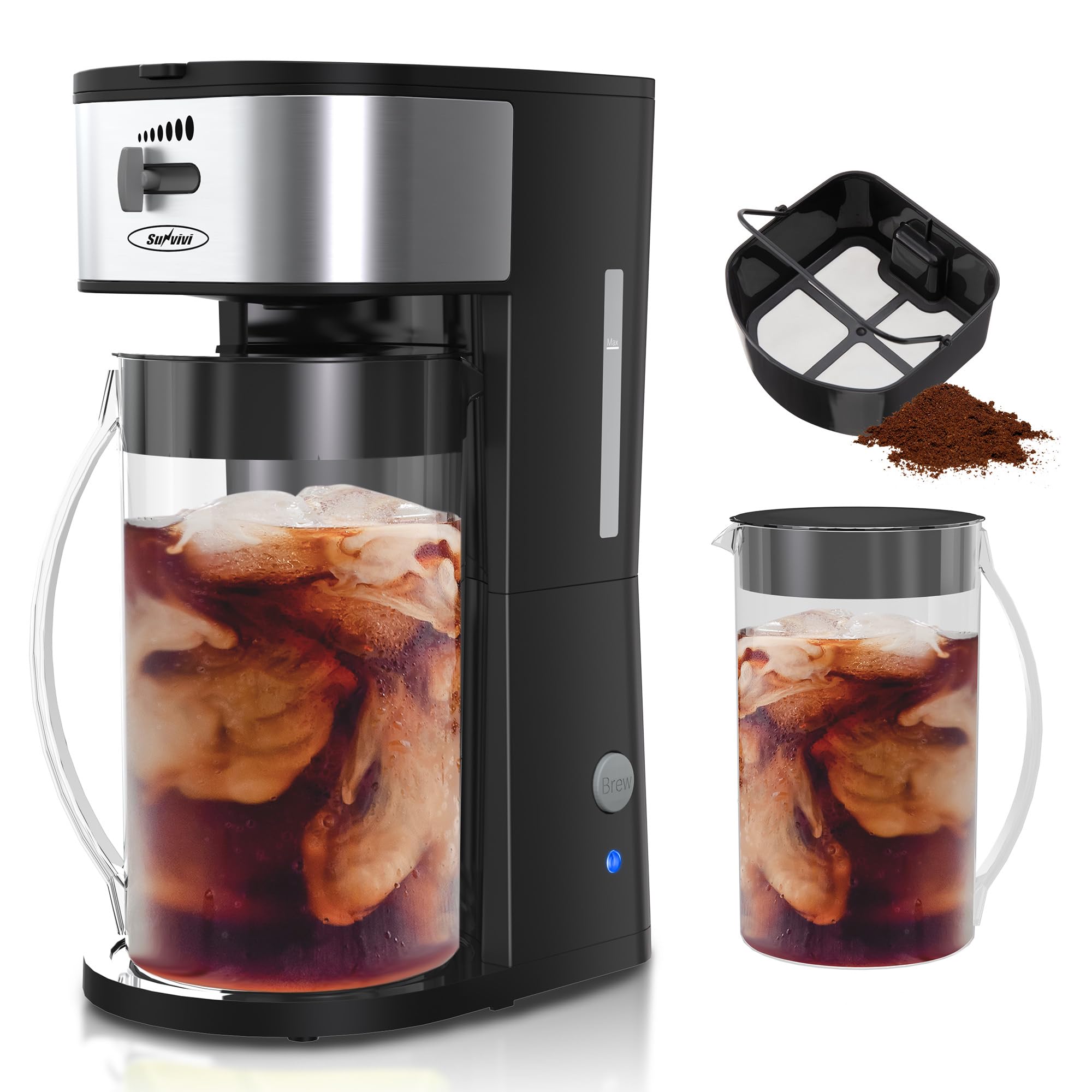 Sunvivi 3-Quart Iced Tea & Coffee Maker - Brews Ground Coffee, Tea Bags & Loose Leaf Tea with Strength Control - 7-Cup Capacity Home Coffee Machine (Black) - Perfect for Summer Drinks, Entertaining & Kitchen Use