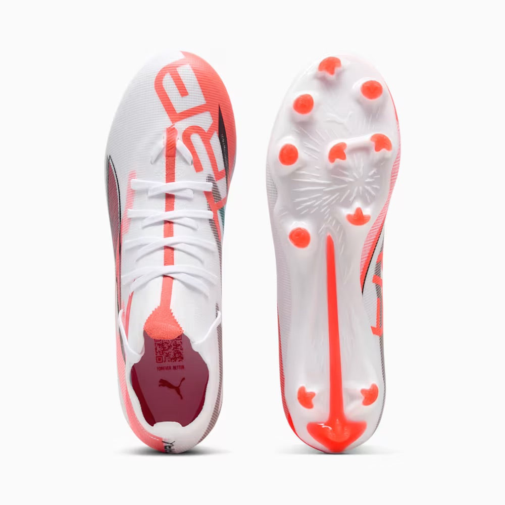 Puma Ultra 5 Match+ FG/AG Women's Soccer Cleats - White/Black/Glowing Red | Lightweight Football Shoes for Women | Perfect for Competitive Matches & Training Sessions