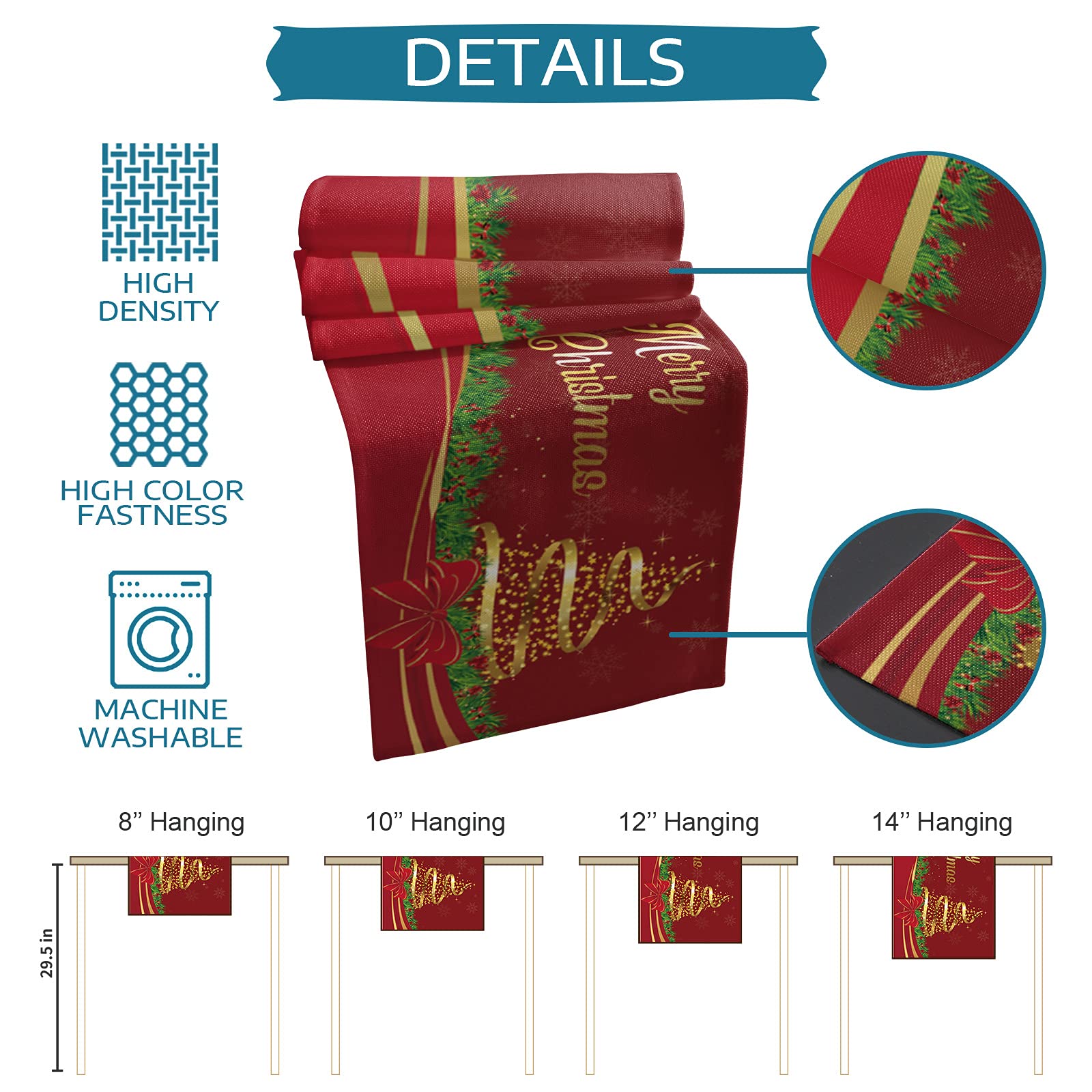 36 Inch Christmas Table Runner - Golden Xmas Tree Red Dining Table Scarf for Holiday Decor | Farmhouse Kitchen, Coffee Table & Banquet Decoration | Perfect for Christmas Party, Home & Festive Gatherings