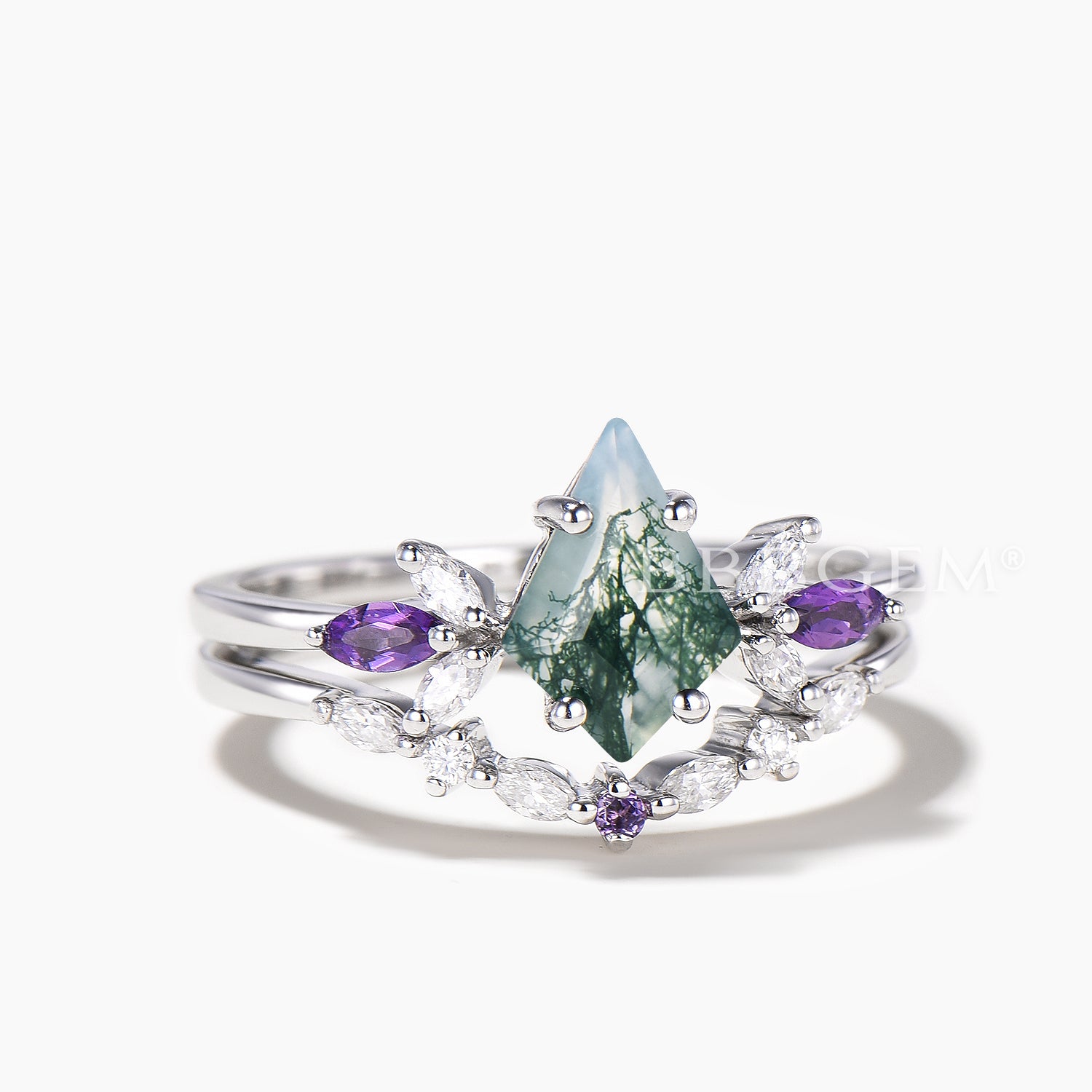 Natural Moss Agate Kite Bridal Ring Set with Moissanite & Amethyst Accents – Vintage-Inspired Wedding Band for Engagement, Anniversary, or Special Occasion Gift