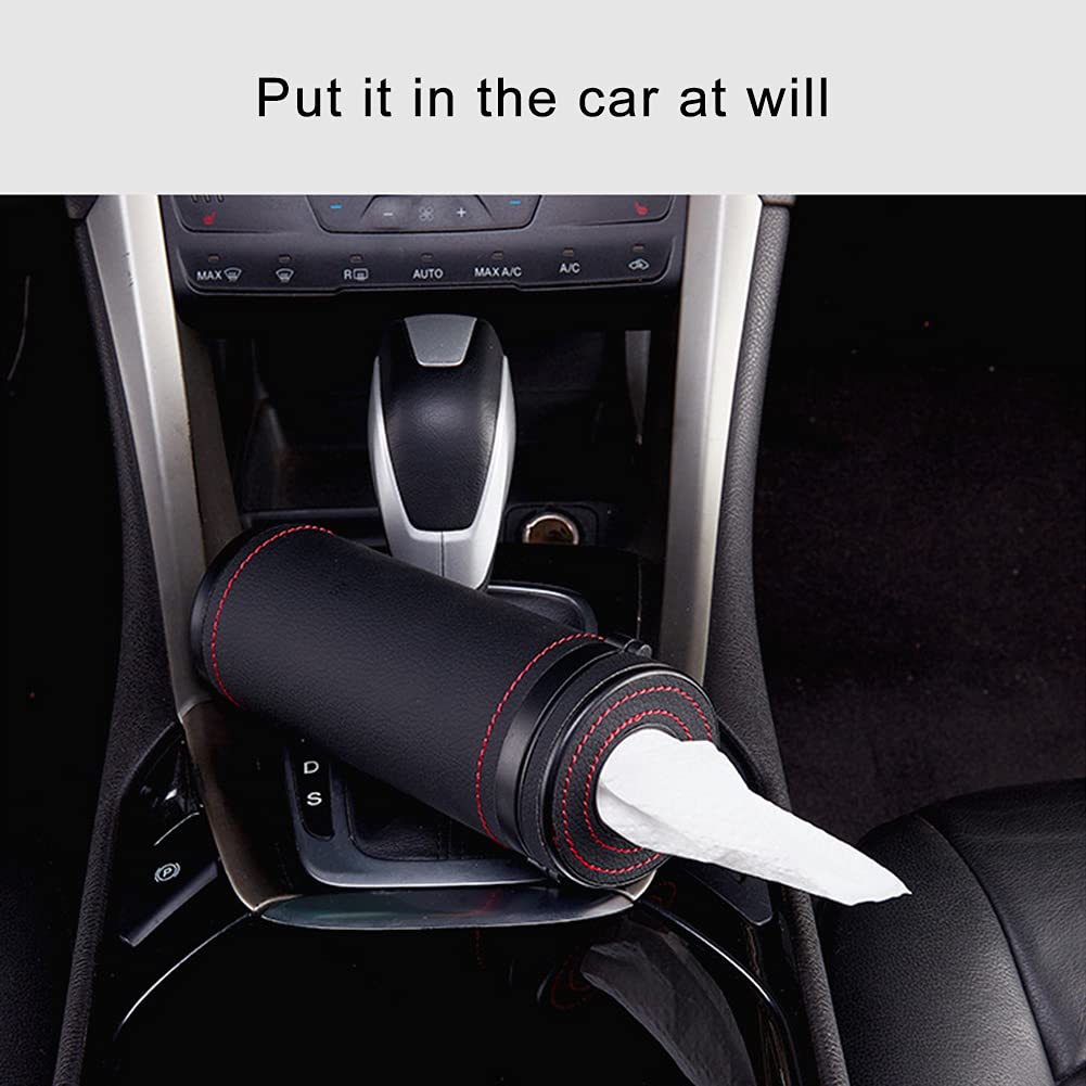PU Leather Cylinder Tissue Box Holder - Portable Napkin Dispenser for Car Cup Holder, Office & Home - Beige Facial Tissue Case for Desks, Countertops & Travel