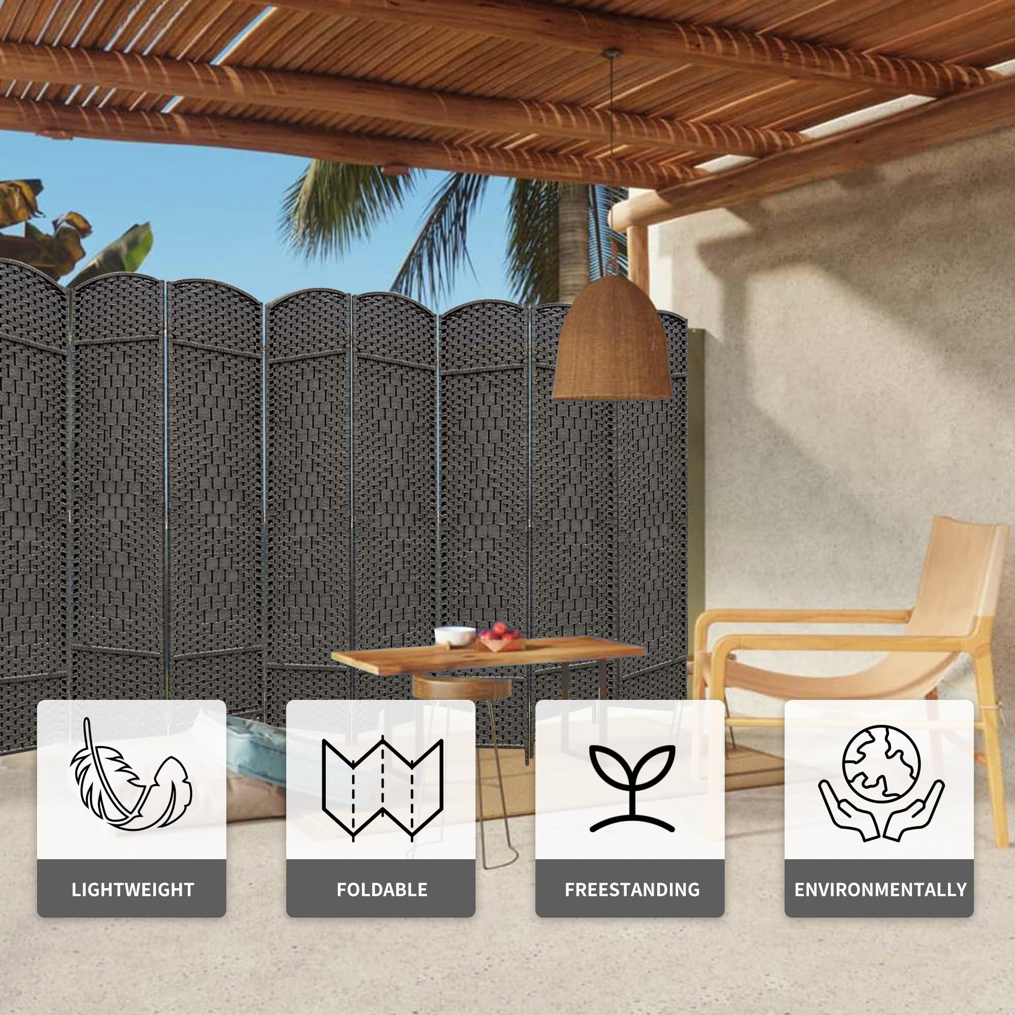 Duraspace 8-Panel 6FT Tall Woven Fiber Room Divider - Freestanding Double Hinged Folding Privacy Screen for Home, Office, Patio & Events (Gray) - Perfect for Creating Private Spaces Indoors & Outdoors