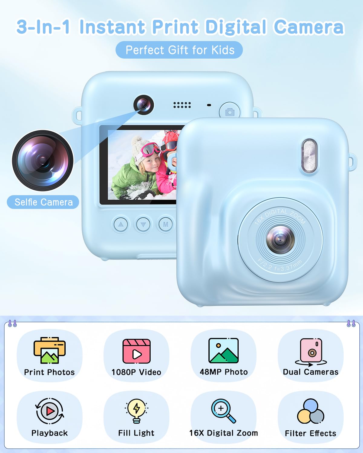 Instant Print Kids Camera - Dual-Lens 48MP Digital Camera with Selfie Function & 32GB Card | Christmas Birthday Gift for Boys Girls Ages 4-10 | Includes Print Paper | Fun Toddler Toy for Travel, Parties & Creative Play (Blue)