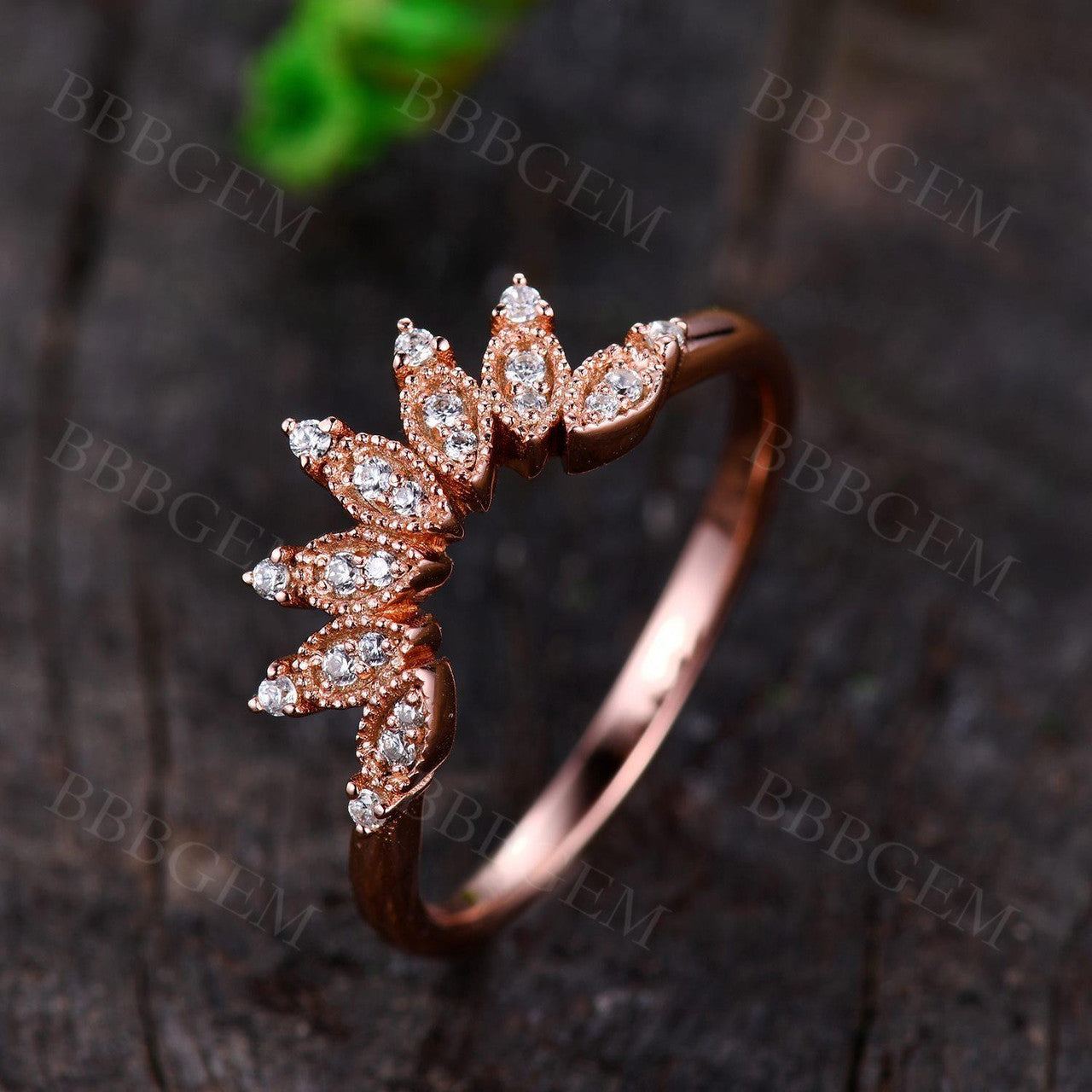 Vintage Curved Moissanite Wedding Band - Solid 14K Rose Gold Marquise Cut Engagement Ring for Women | Perfect for Bridal Jewelry, Anniversary Gifts & Special Occasions