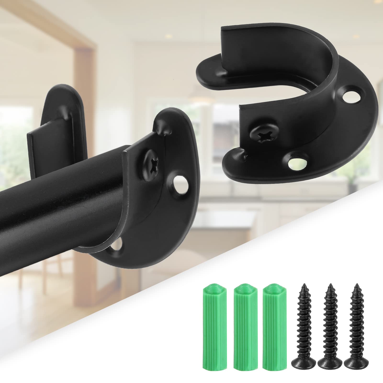 2 Pack Stainless Steel Closet Rod Brackets - 1-1/3 Inch U-Shaped Flange Rod Holder with Screws for Wardrobe, Shelving & Closet Organization (Black) - Perfect for Bedroom, Walk-in Closet & Storage Spaces
