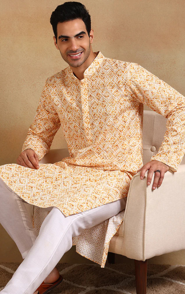 Men's Yellow Viscose Rayon Geometric Embroidered Straight Kurta - Comfortable Ethnic Tunic for Casual Wear, Festivals & Special Occasions