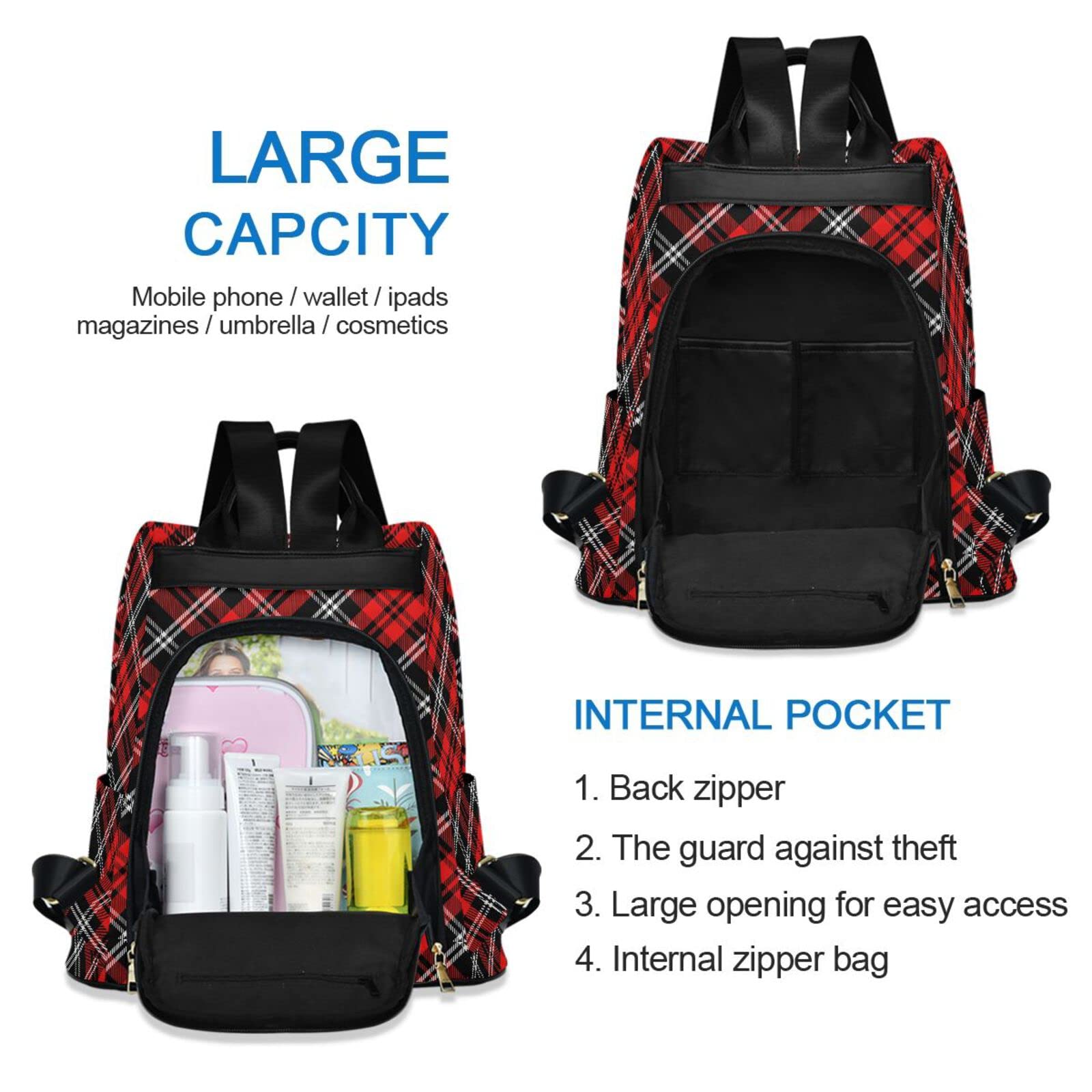 Stylish Plaid Red & Black Anti-Theft Women's Backpack - Lightweight Travel Shoulder Bag for Work, College & Daily Commute | Fashionable Ladies Rucksack with USB Charging Port