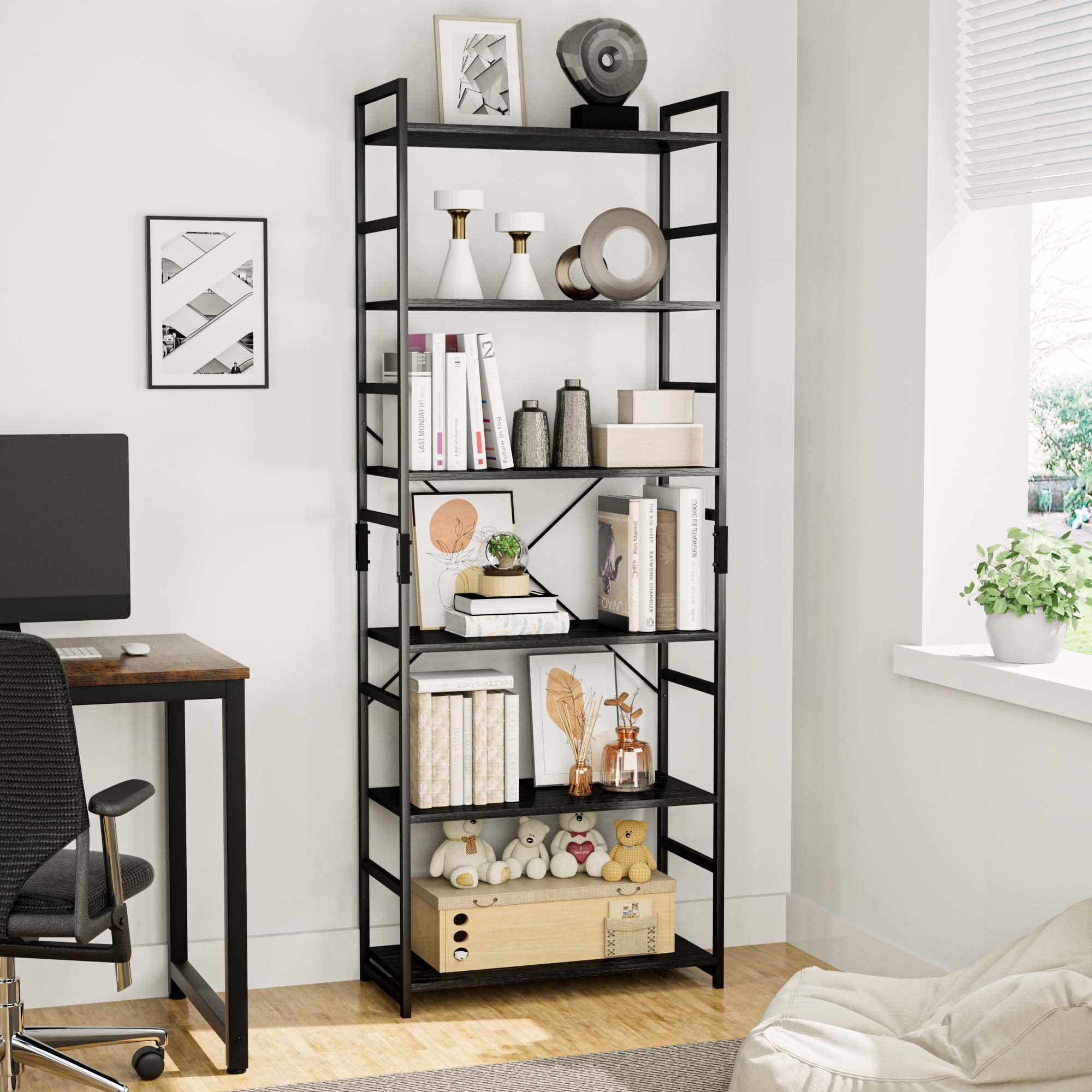 6-Tier Adjustable Bookshelf - Tall Modern Bookcase for Office, Living Room & Bedroom - Heavy Duty Storage Organizer with Versatile Shelving - Perfect for Home Office, Study & Library Organization (Black)