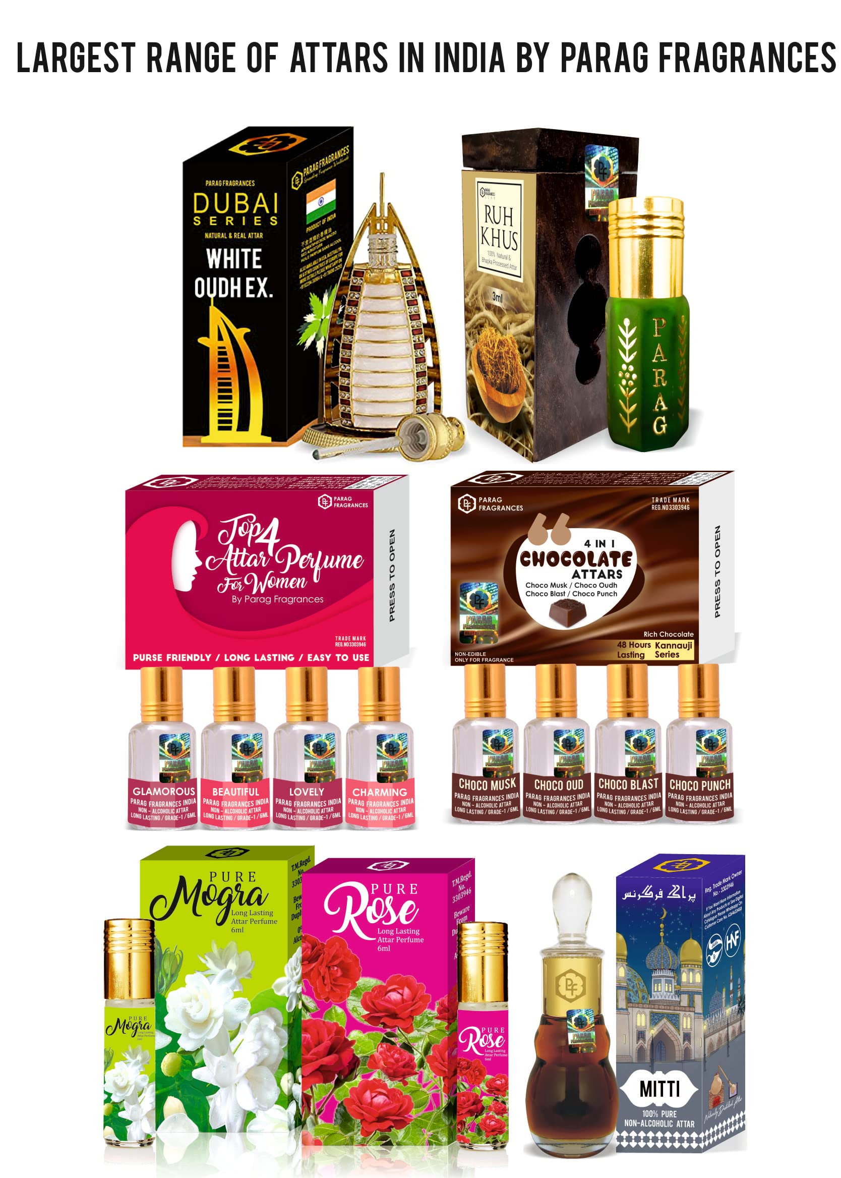 Parag Fragrances Unisex Adult Aerosol Chocolate Perfume Set - 4 in 1 (Choco Musk, Chocolate Musk, Choco Oudh, Choco Blast & Choco Punch) | 48 Hours Long Lasting Attar | Perfect for Daily Wear, Special Occasions & Gift Giving