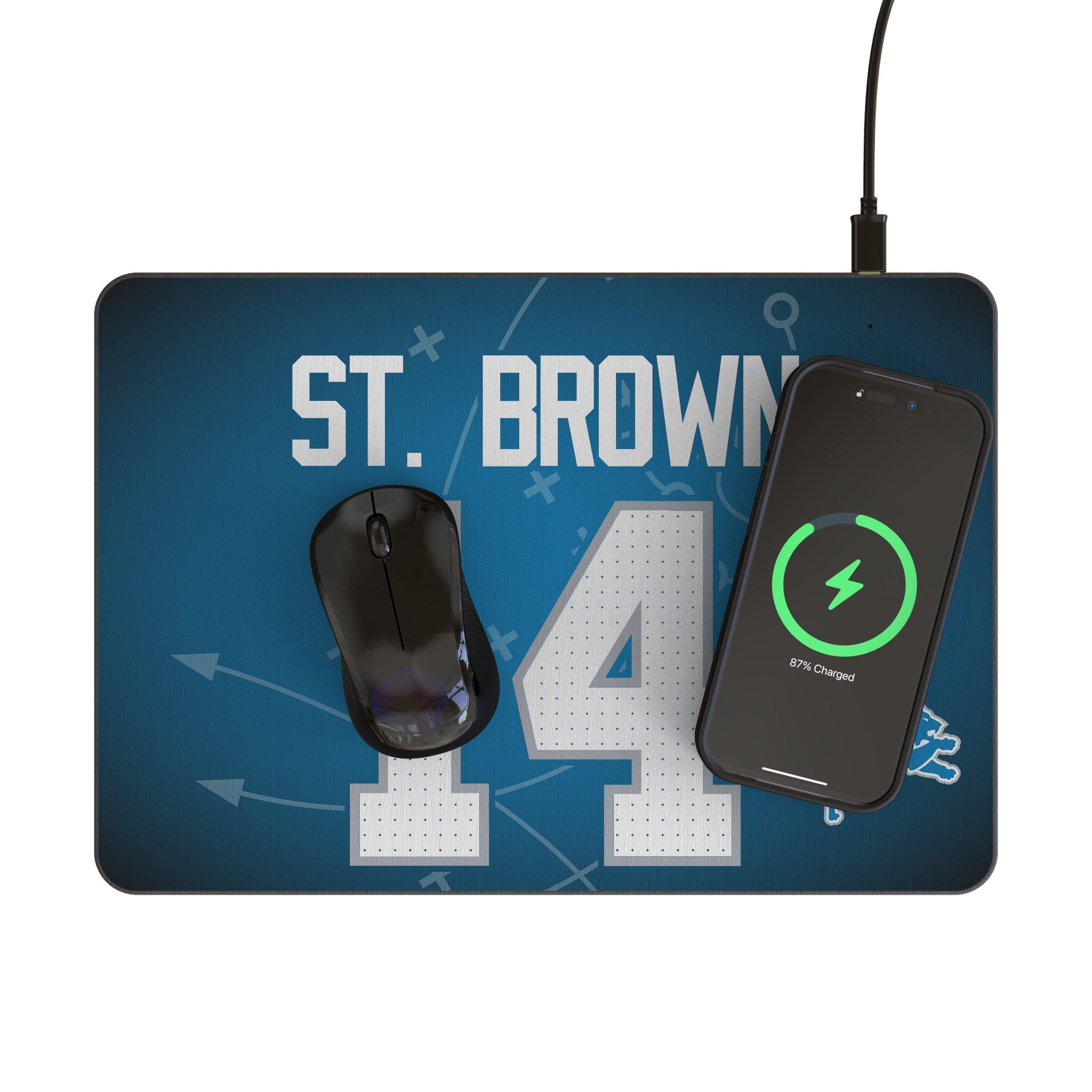 Amon Ra St. Brown Detroit Lions 14 Game Wireless Charging Mouse Pad - 15W Fast Charger for iPhone & Android - Perfect for Gaming, Office & Home Desk Setup