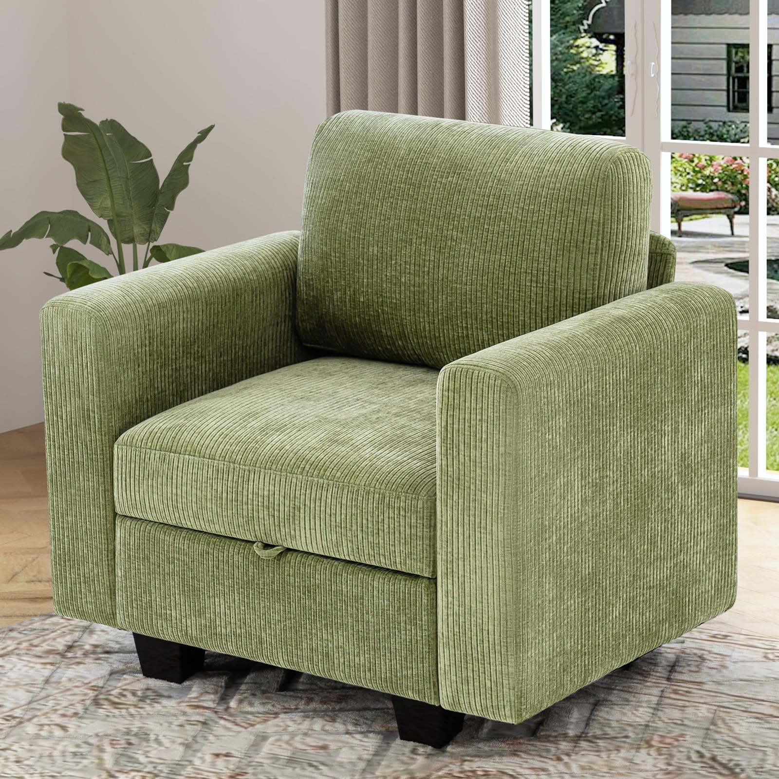 ELUCHANG Oversized Accent Chair with Storage Seat - Soft Corduroy Upholstered Armchair for Living Room, Bedroom, Reading Nook - Comfortable Single Sofa Chair for Small Spaces (Green) | Perfect for Relaxing, Reading & Adding Stylish Seating to Your Home