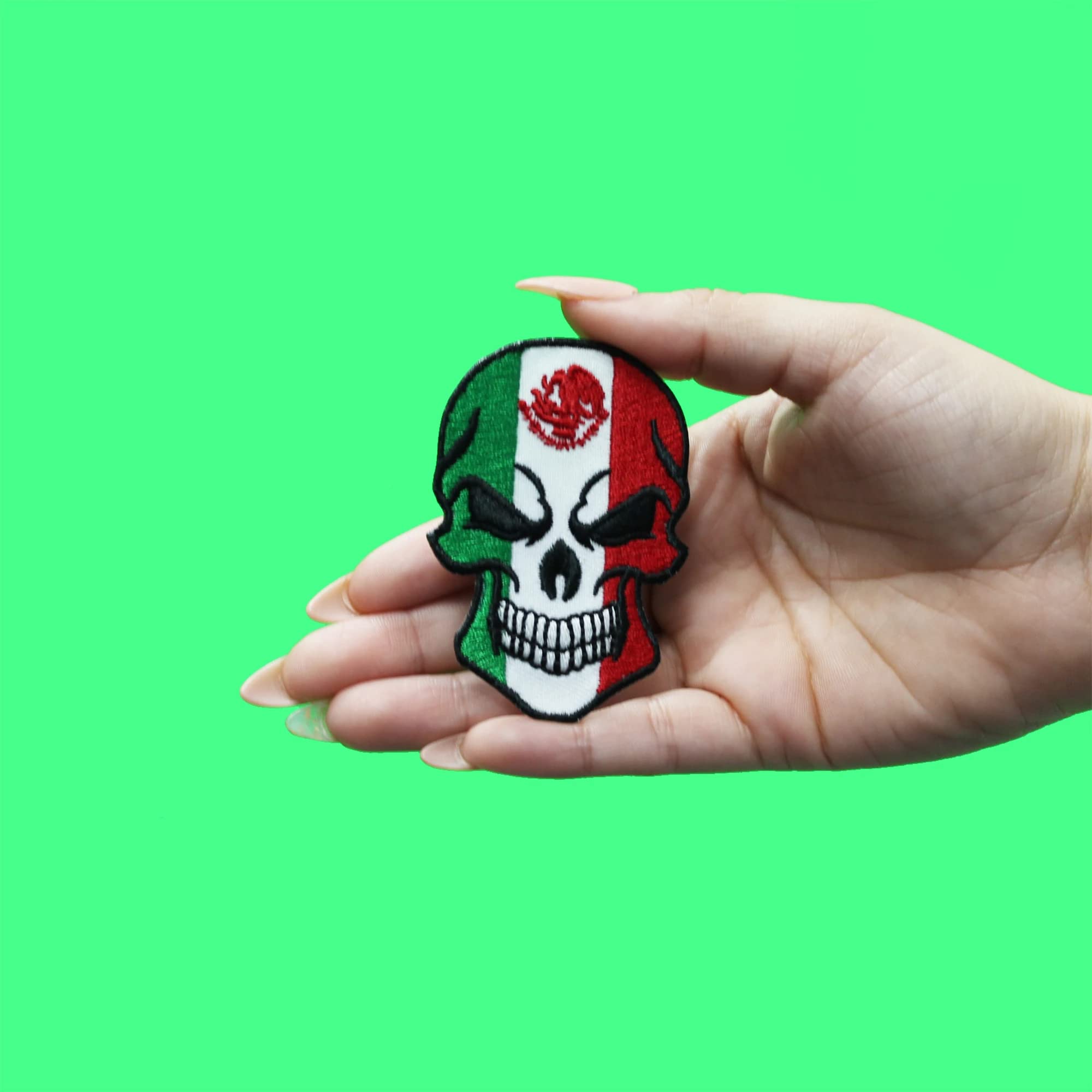 Angry Skull Mexican Flag Embroidered Iron On Patch - DIY Clothing Accessory for Jackets, Hats, Bags | Punk Style, Biker Gear, Cosplay Costume