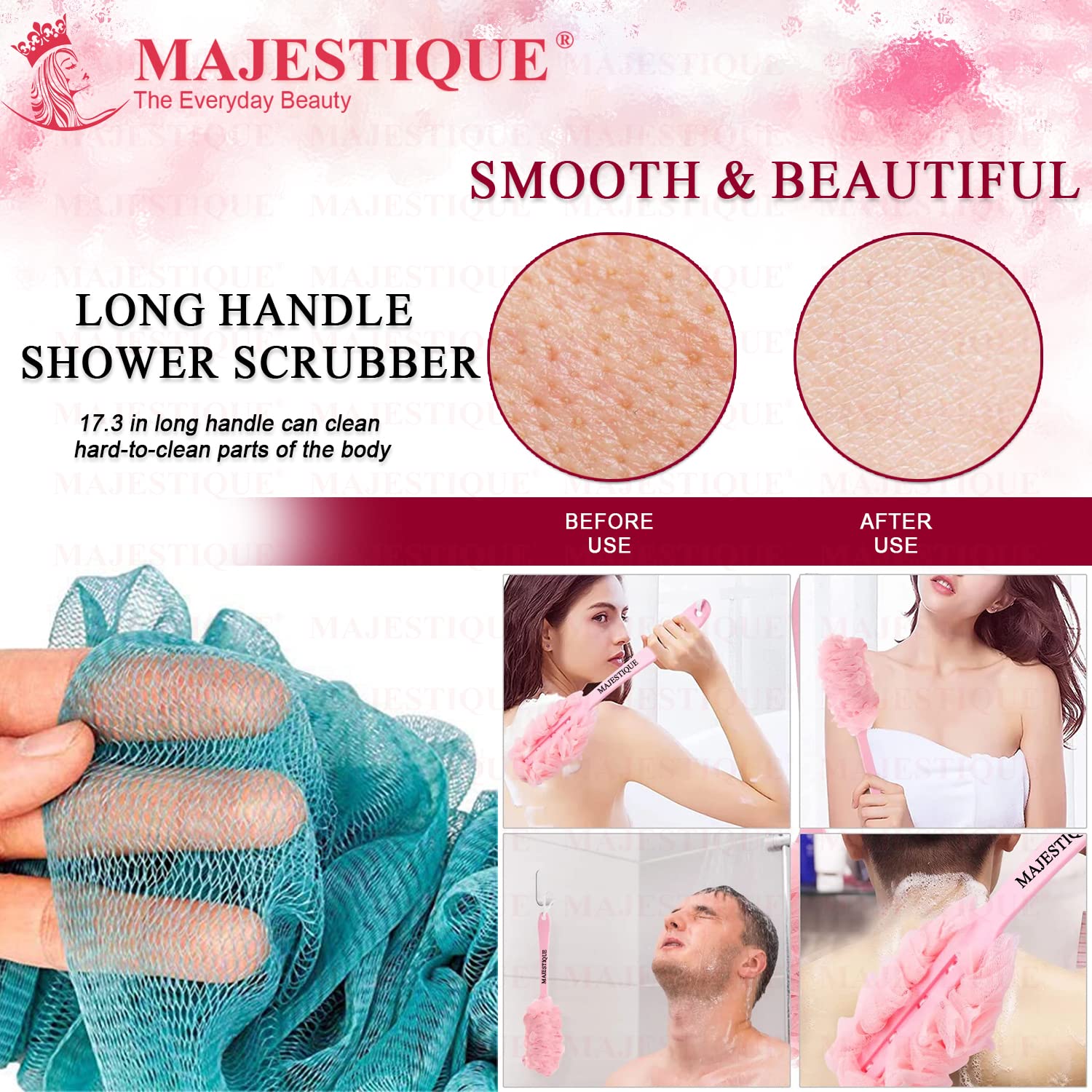 Majestique Long Handle Back Scrubber with Soft Nylon Mesh - Exfoliating Loofah Body Brush for Shower & Bath | Men & Women Skin Care | Perfect for Hard-to-Reach Areas & Deep Cleansing (Blue)