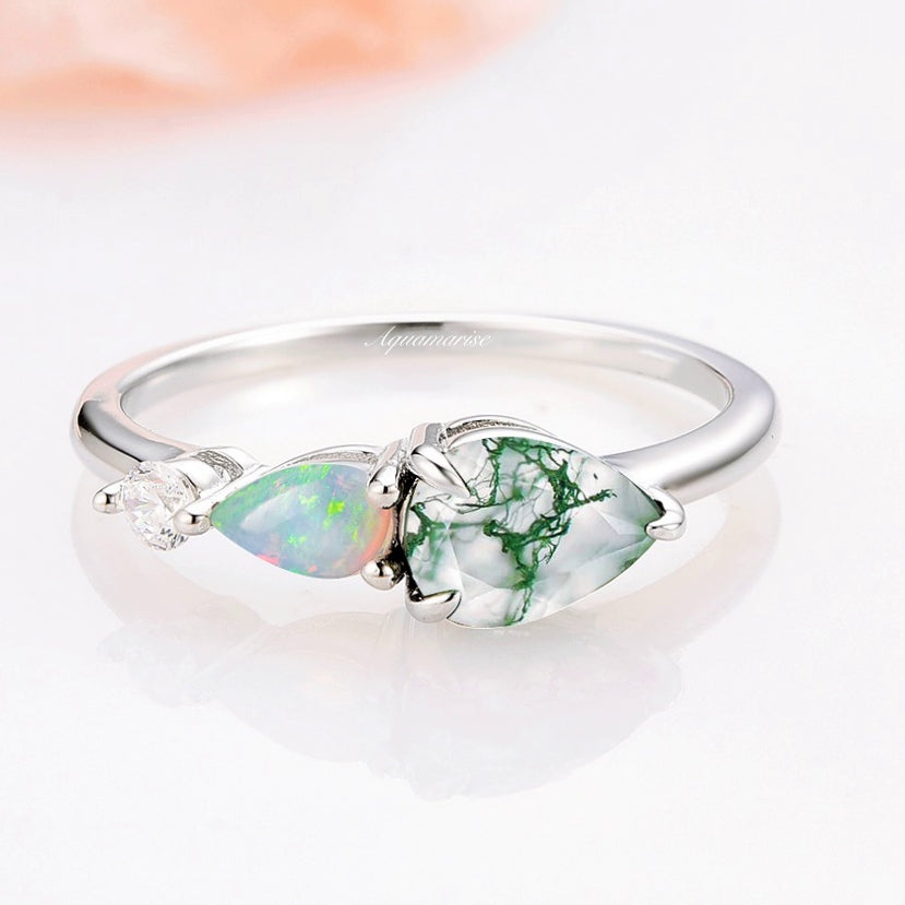 Natural Green Moss Agate & Fire Opal Sterling Silver Ring for Women - Elegant Boho Jewelry Gift for Birthdays, Anniversaries & Special Occasions