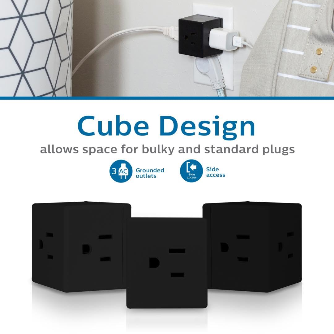 PHILIPS 3-Outlet Extender Cube, Extra-Wide Spaced Adapter with Easy Access Design, 3-Prong Grounded Plug, 2 Pack Black Power Strip for Travel, Home, Office & Hotel Use - SPS3002BC/37