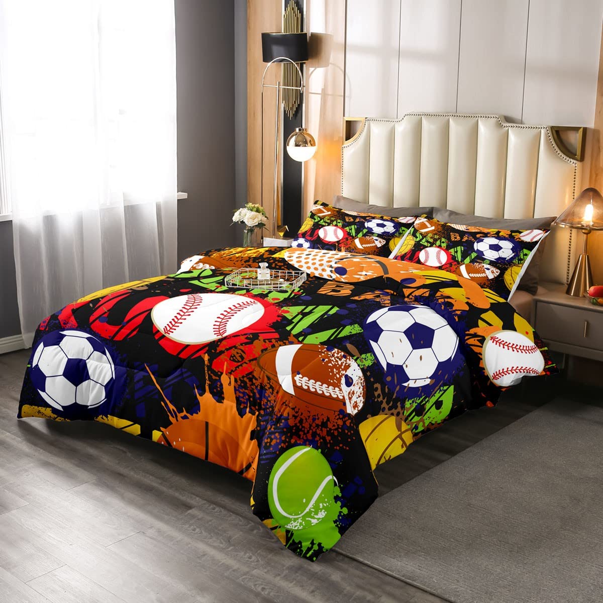 Sports Comforter Set Twin Size - Baseball, Football, Soccer, Basketball Bedding for Kids & Teens - 2pc Grunge Style Duvet Cover with Pillowcase - Perfect for Boys Room Decor, Gaming Setup & Sports Themed Bedrooms