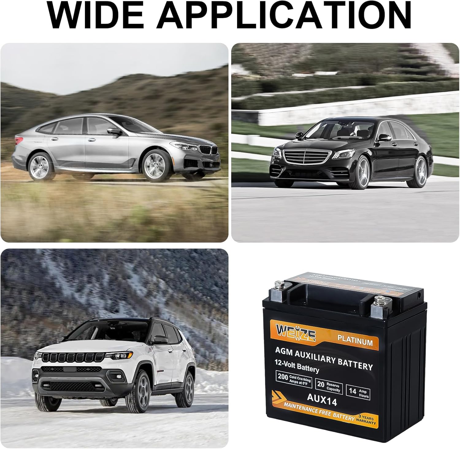 WEIZE Wise Series AGM AUX14 Auxiliary Battery - BCI Group 400, 200CCA Deep Cycle Battery for RV, Boat, Off-Grid & Solar Power Systems - Reliable Backup Power Solution