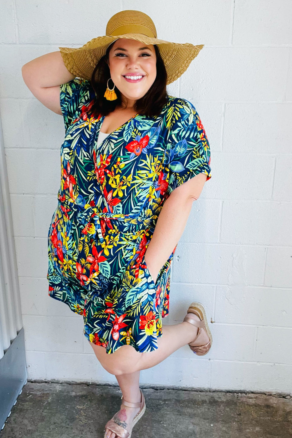 Navy Blue Tropical Floral Print Surplice Romper for Women - Summer Beach Vacation, Pool Party & Casual Outfit