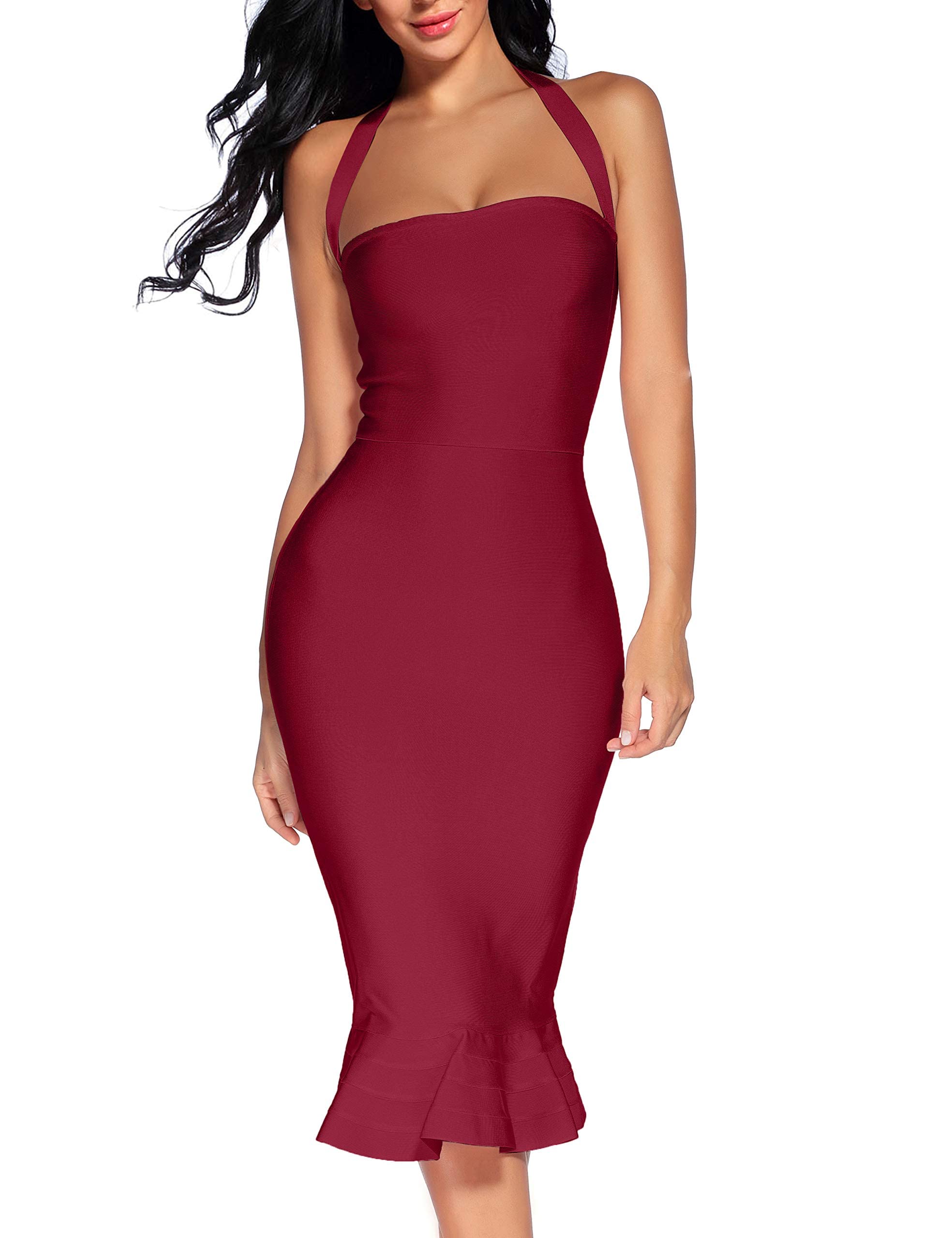 Houstil Women's Sexy V-Neck Halter Fishtail Bandage Bodycon Dress for Club, Party & Night Out - Stretchy Tight Midi Dress for Date Night, Cocktail Events & Special Occasions
