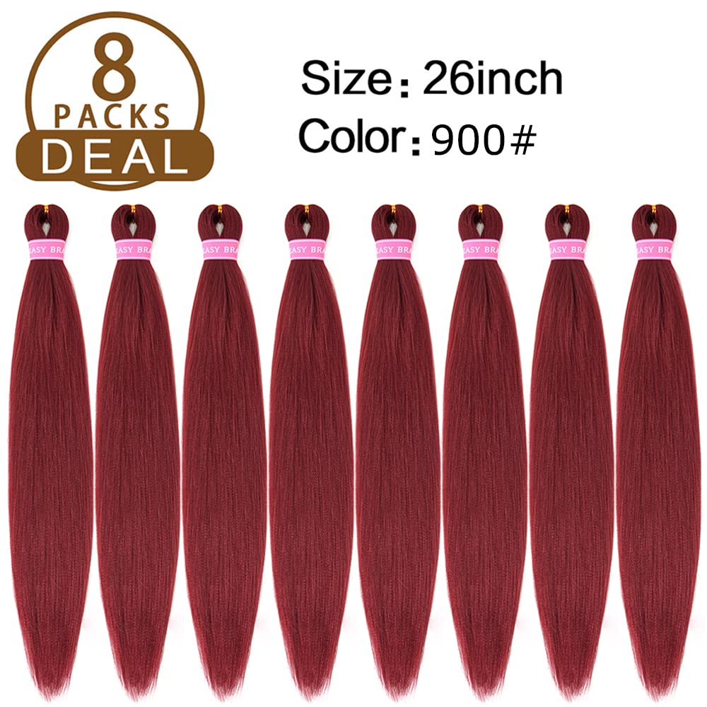 AQINBEL 26 Inch Pre-Stretched Braiding Hair - 8 Bundles Itch-Free Crochet Twist Hair for Women, Yaki Texture Burgundy Braiding Hair Extensions (900#) - Perfect for Box Braids, Cornrows & Protective Styles