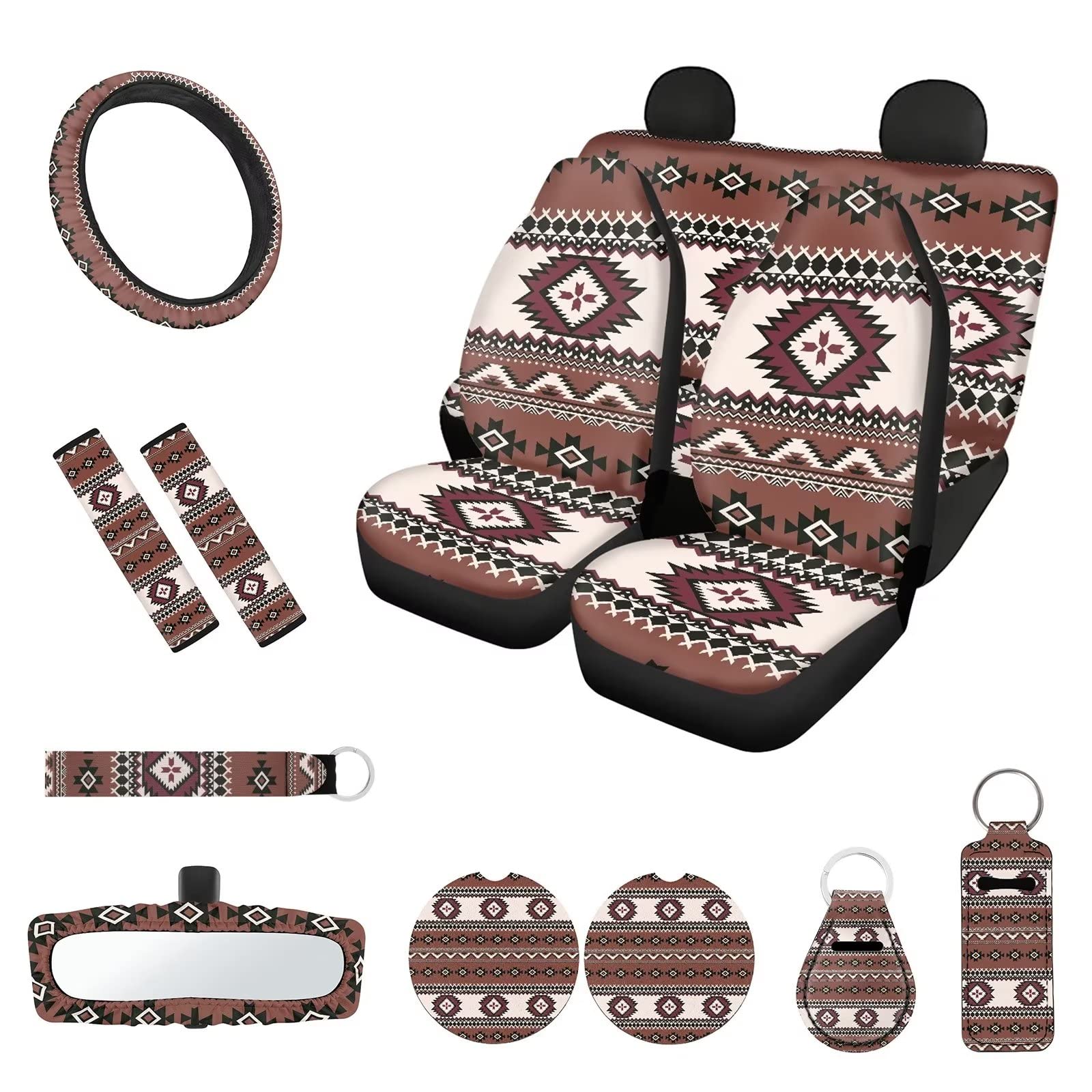 **Waterproof Aztec Seat Covers for Trucks & Cars - 13-Piece Set with Steering Wheel Cover, Seat Belt Covers, Coasters & Keychains | Boho Chic Car Accessories for Women | Perfect for Road Trips & Daily Commutes**