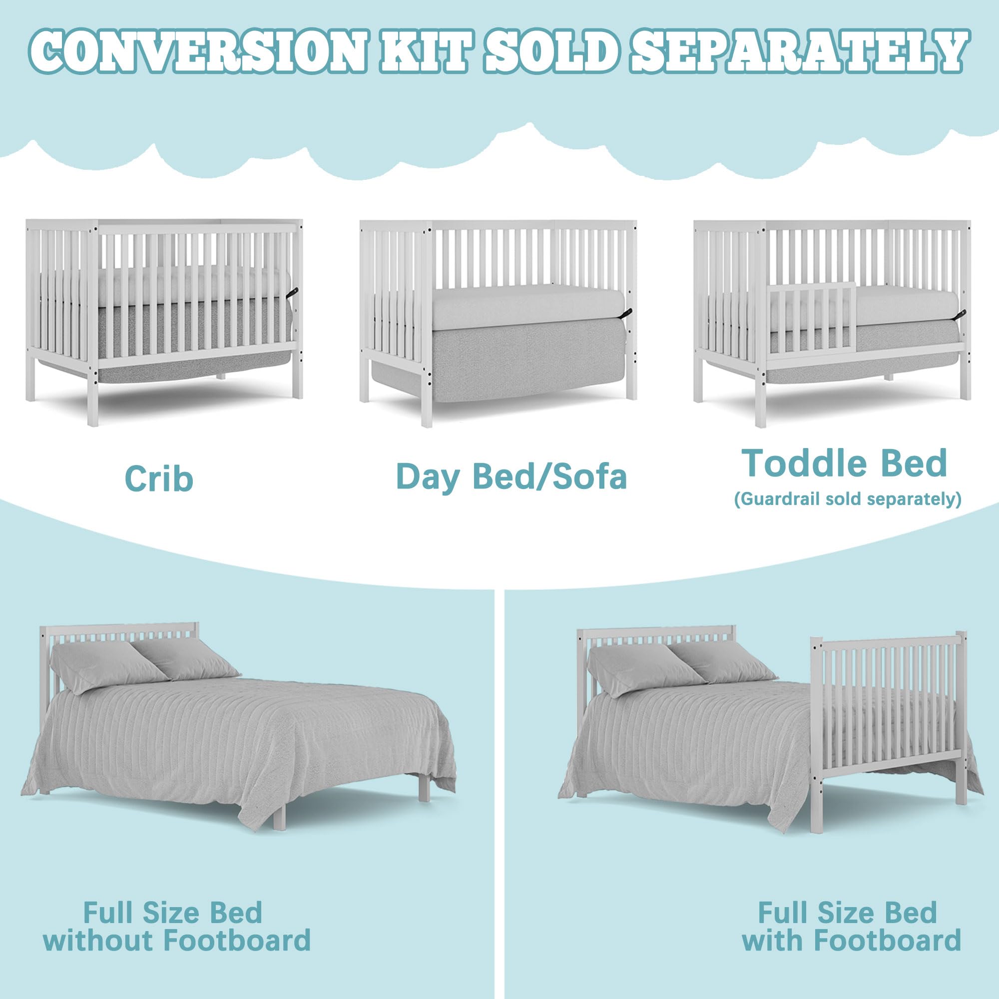 5-in-1 Convertible Baby Crib to Toddler Bed - Sustainable Natural Pinewood Nursery Furniture with Non-Toxic Finish - White | Safe & Stylish Crib for Newborns, Infants & Toddlers | Perfect for Small Spaces & Modern Nurseries