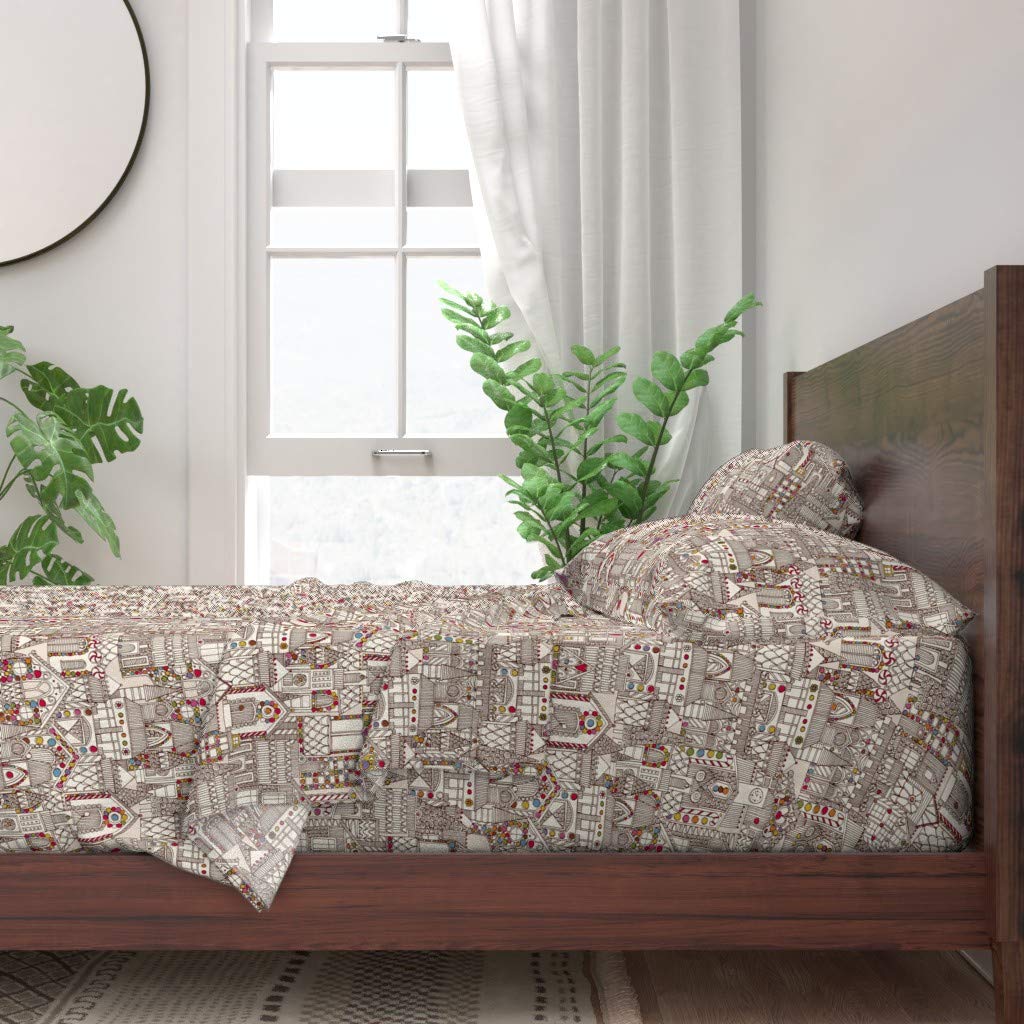 100% Cotton King Size 4-Piece Sheet Set - Gingerbread Town Architecture Candy Christmas Holiday Festive Black White Sweets Print Custom Bedding | Perfect for Nursery, Kids Room & Holiday Decor