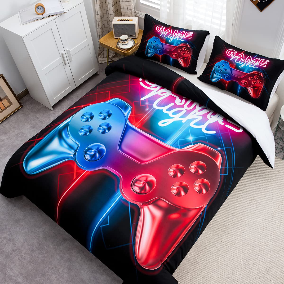 Gaming Comforter Set Twin Size - Ultra Soft Video Game Themed Bedding for Boys & Teens - Gamepad Design Duvet Cover + Pillowcase - Perfect for Kids Bedroom & Game Room Decor