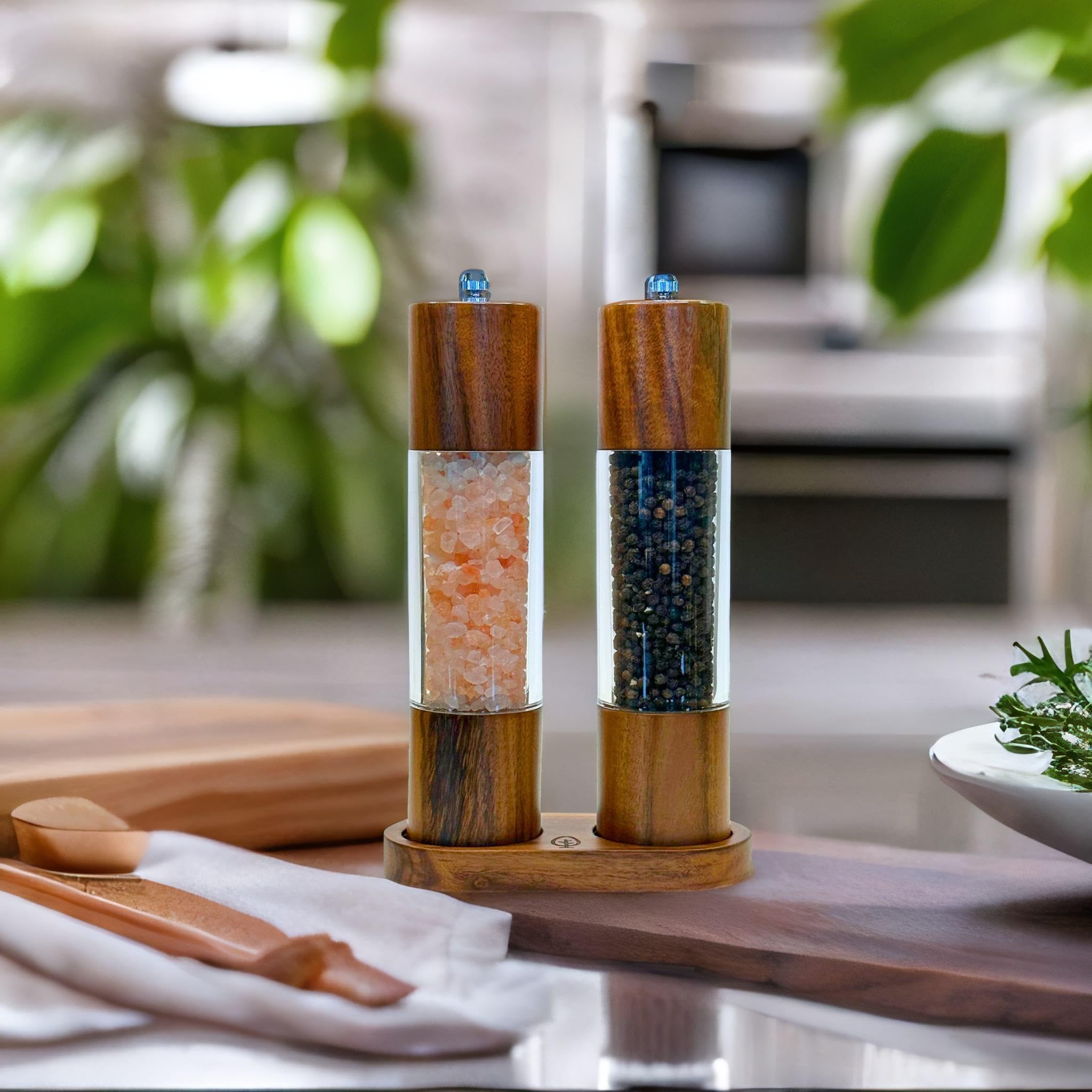 Premium Acacia Wood Salt and Pepper Grinder Set with Wooden Tray - Carbon Steel & Ceramic Core Mill - Adjustable Coarseness - Perfect for Kitchen, Dining Table, and Gift Giving
