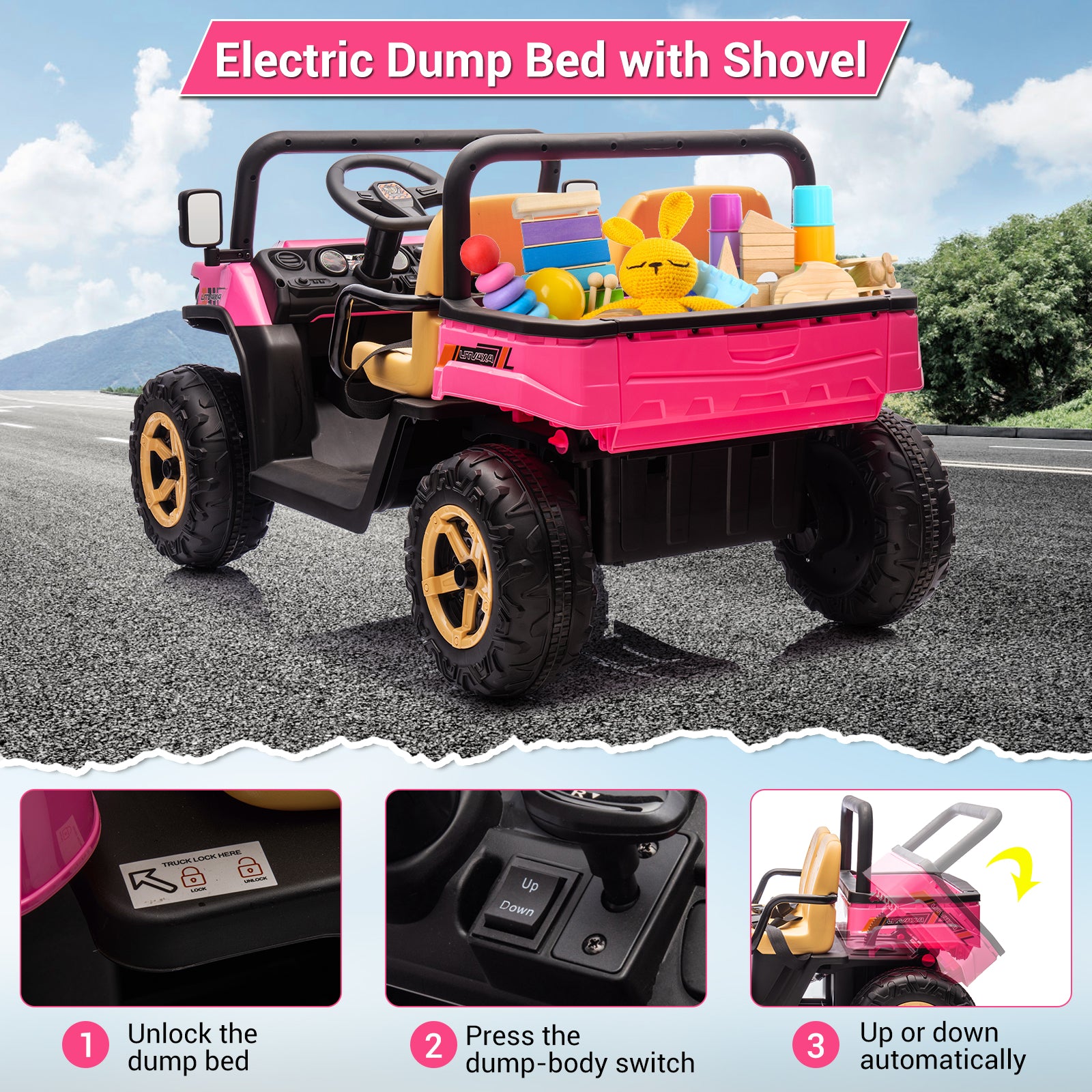 GARVEE 24V Electric Ride On Dump Truck for Kids - 2 Seater Battery Powered UTV Toy with 4x35W Motors, Shovel, Bluetooth, Remote Control, Music & LED Lights - Perfect for Boys & Girls Outdoor Play (Pink)