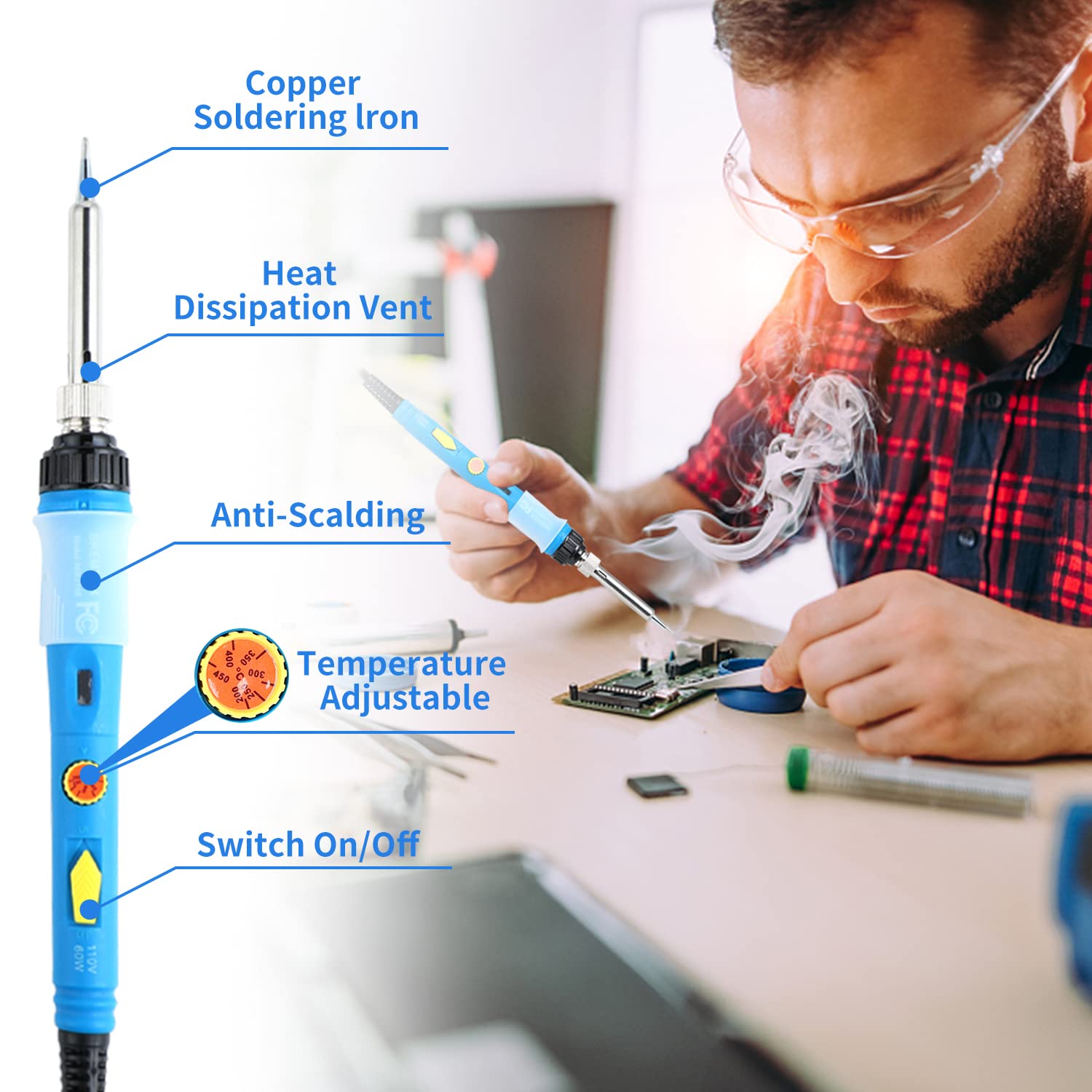 60W Adjustable Temperature Soldering Iron Kit - Fast Heating Ceramic Thermostatic Welding Tool with On/Off Switch | Professional Soldering Gun for Electronics Repair, DIY Projects & Circuit Board Work