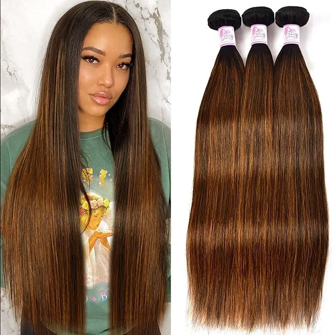 Beauty Forever Malaysian Straight Virgin Hair Extensions 3 Bundles - #FB30 Balayage Ombre Human Hair Weave (14/16/18 Inch) | Perfect for Daily Styling, Special Occasions & Salon Use