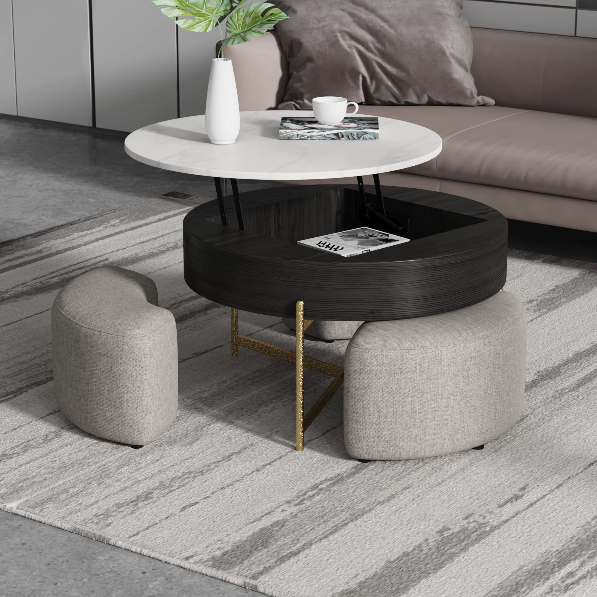 Lift Top Round Coffee Table with Stools - Modern Nesting Coffee Table Set with Hidden Storage | Black Marble End Table for Living Room, Home & Office | Perfect for Small Spaces, Entertaining & Storage Solutions