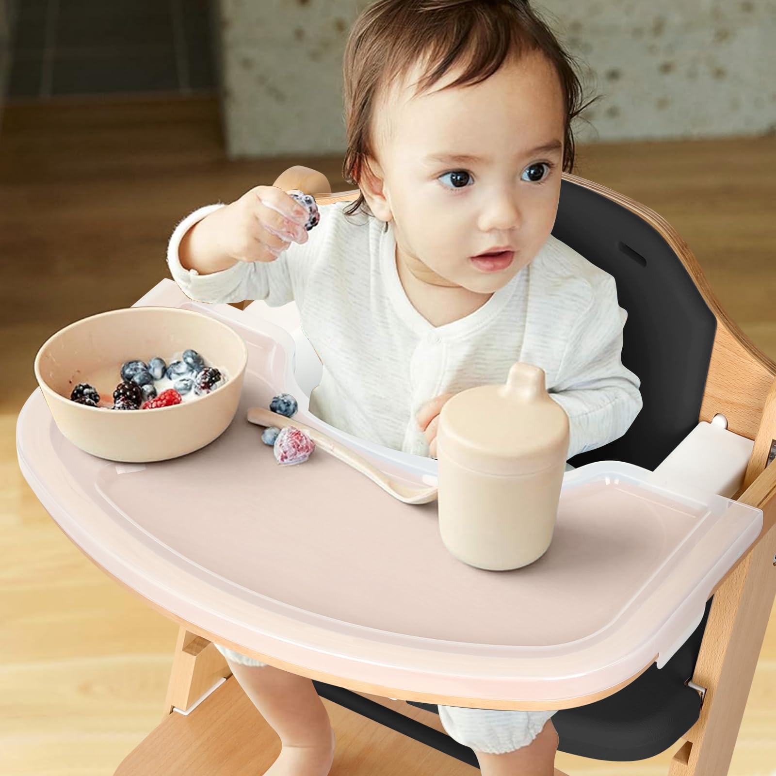 Cowiewie Natural Wooden High Chair for Babies & Toddlers - 3-Tier Removable Tray, 8 Adjustable Heights with Cushions, Easy to Clean Baby Feeding Chair (Black) | Perfect for Dining, Weaning & Playtime