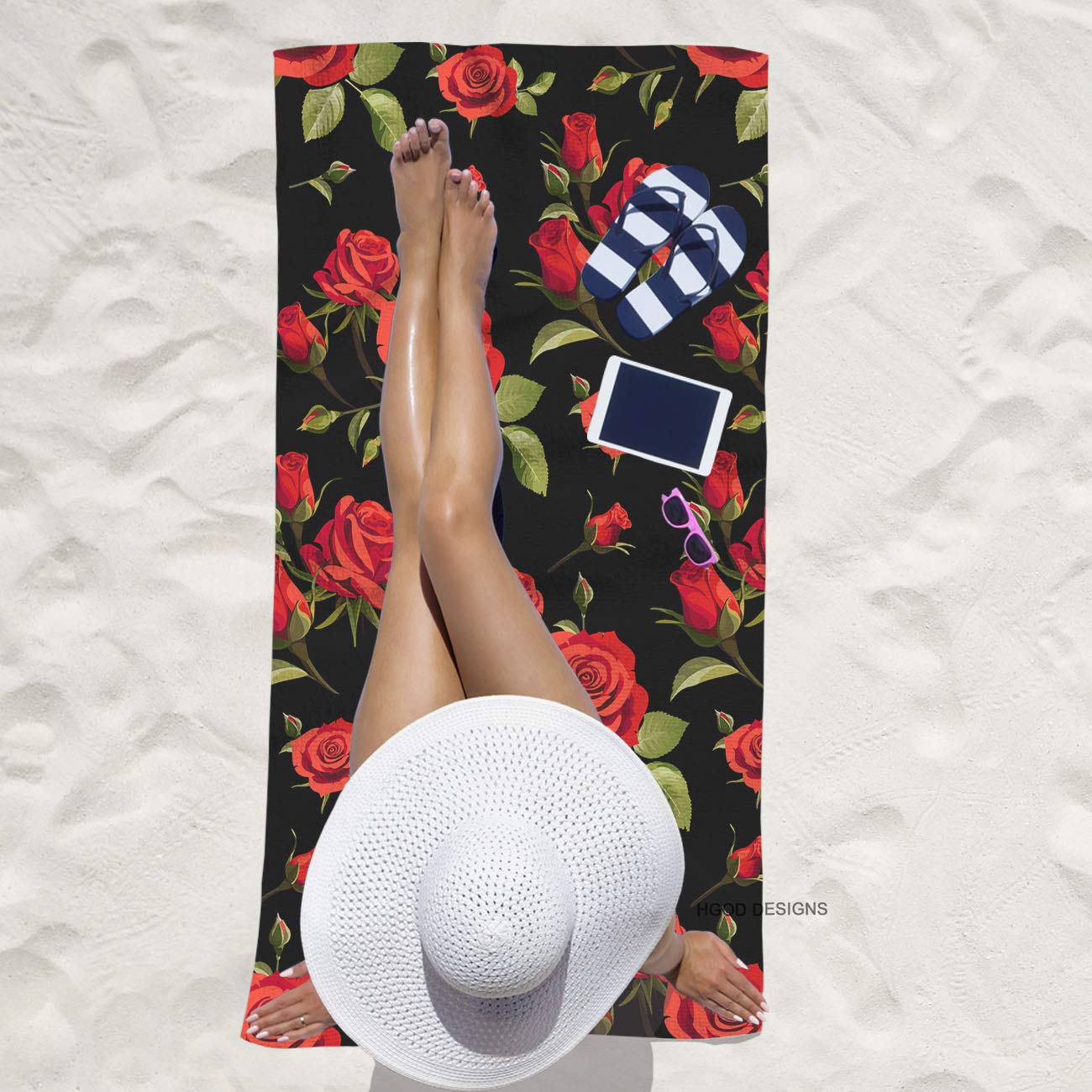 HGOD DESIGNS Floral Bath Towel - 64x32 Inch Black Background with Red Roses, Soft Absorbent Cotton Towel for Bath, Beach, Pool, Spa & Home Decor