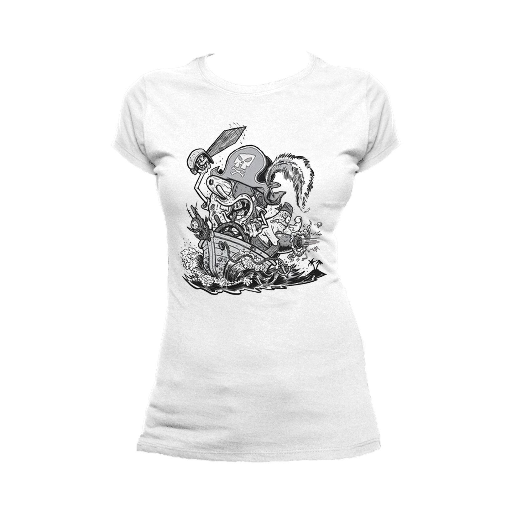 SpongeBob SquarePants Comic Pirate Graphic T-Shirt for Women - Soft Cotton Crewneck Tee - Funny Cartoon Apparel - Perfect for Casual Wear, Cosplay & Gifts (White)
