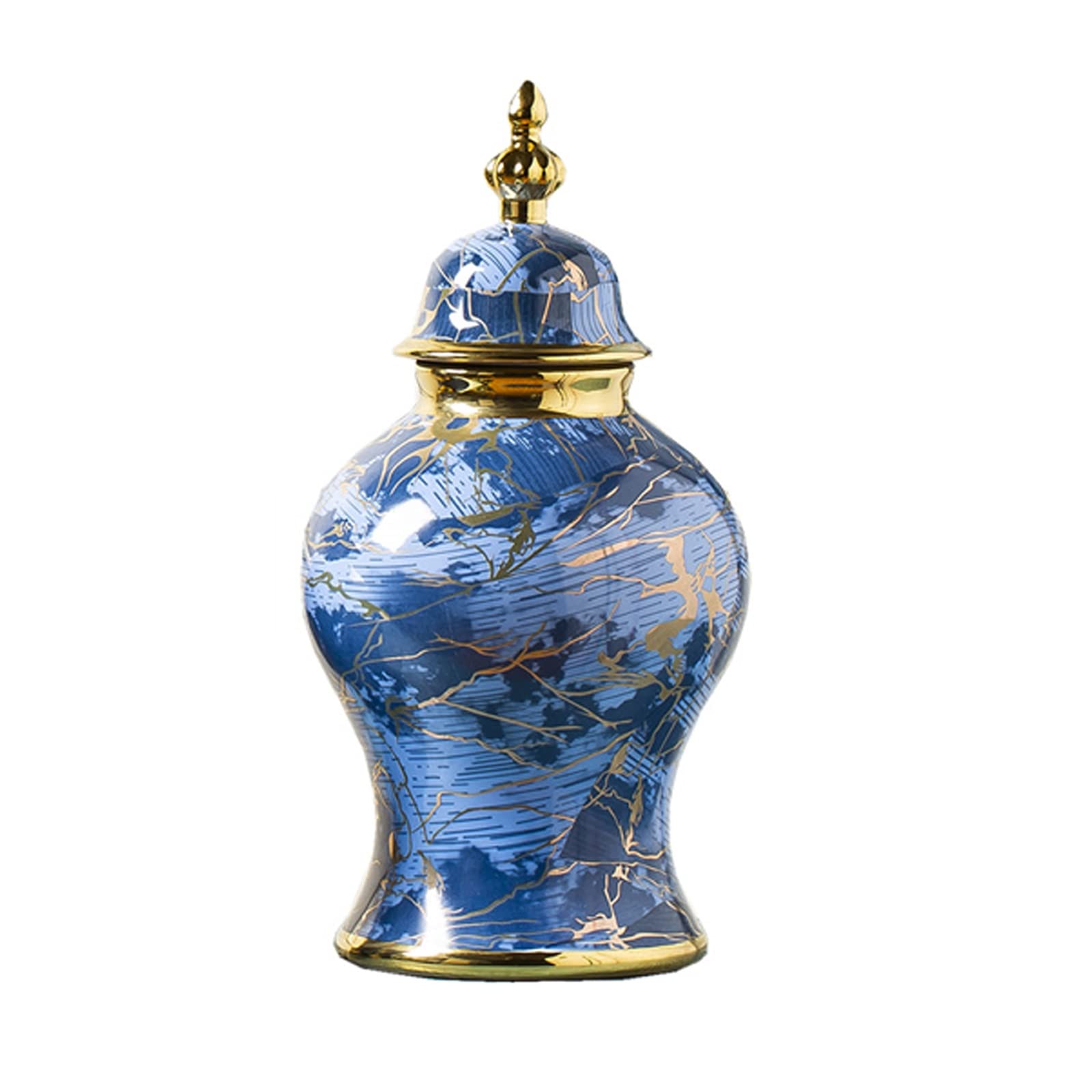 Blue Ceramic Ginger Jar with Lid - Handcrafted Blue Smudge Gold Decorative Temple Jar, Small Vase & Home Decor Table Centerpiece | Perfect for Tea Storage, Gift Giving & Boho Chic Home Decor (Large Size)