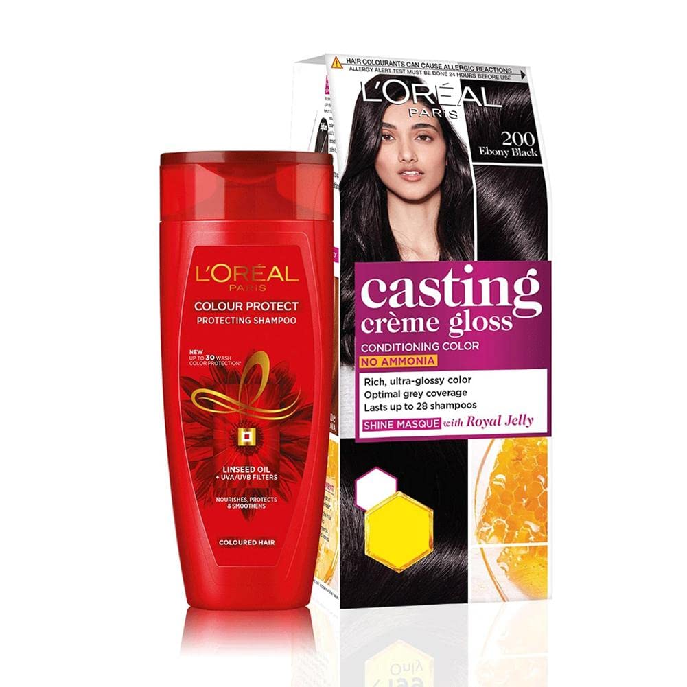 L'Oreal Paris Hair Color & Shampoo Bundle - Casting Crème Gloss 200 Ebony Black (87.5g) + Color Protect Shampoo (192.5ml) for Shiny, Glossy Hair | At-Home Hair Dye Kit with Nourishing Formula | Perfect for Brunettes & Dark Hair Touch-Ups