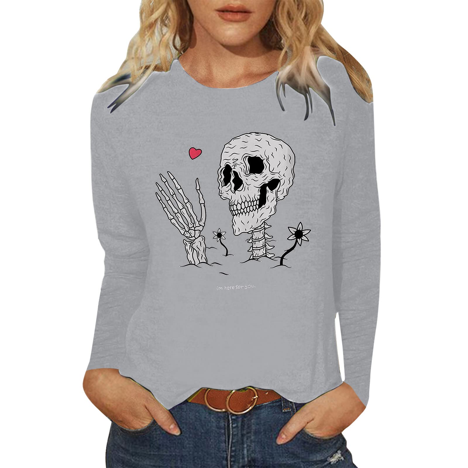 Halloween T-Shirts for Women - Skull Print Long Sleeve Loose Fit Casual Blouse | Perfect for Halloween Parties, Costume Events & Everyday Wear