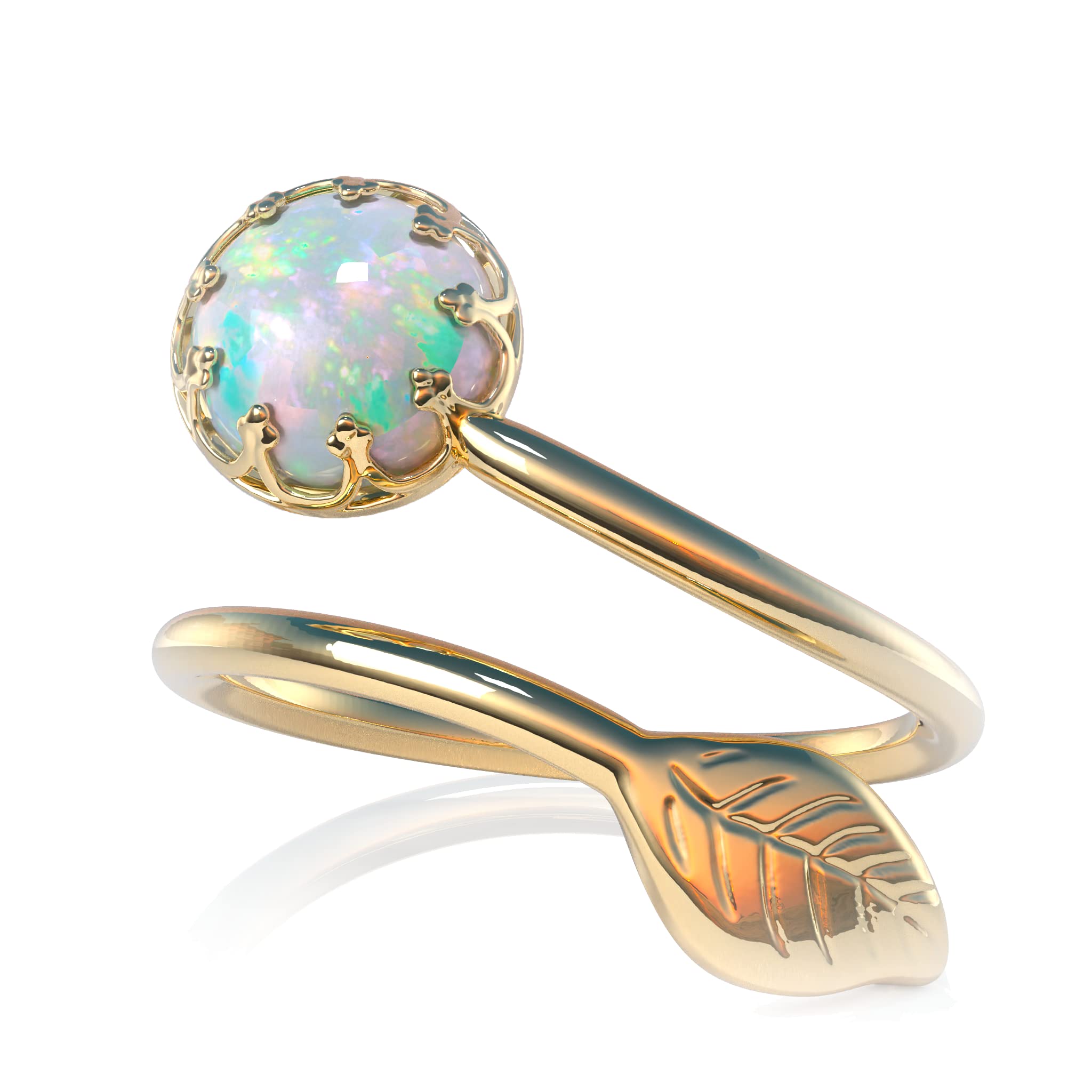 14K Gold Opal Ring with White Opal & Leaf Design - Elegant Wrap Band Jewelry for Women | Perfect Gift for Anniversary, Birthday & Special Occasions | Comes in Luxury Jewelry Gift Box