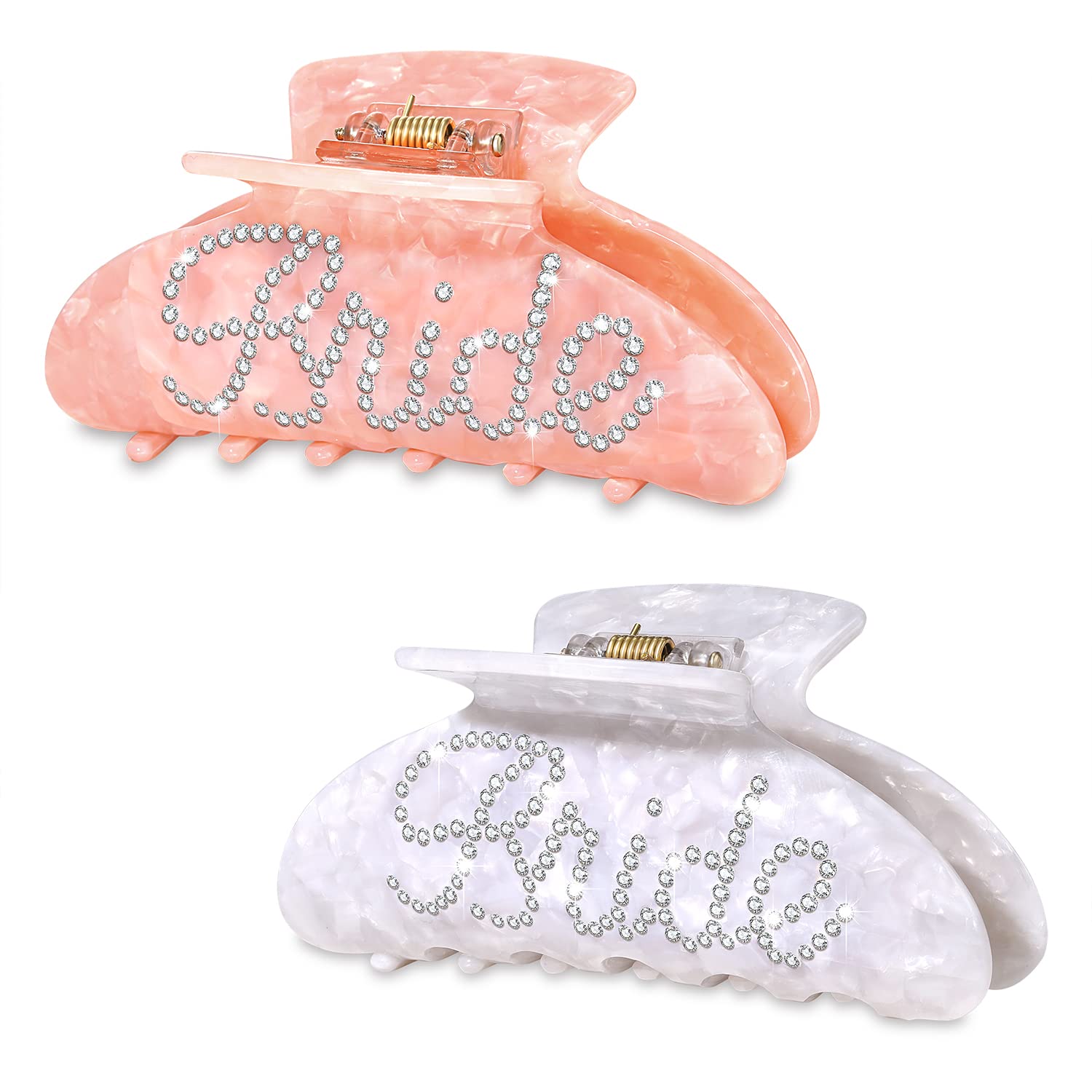 2 Pack Acrylic Rhinestone Bridal Hair Clips - Elegant Bride Claw Clips for Thick Hair, Bachelorette Party Favors & Wedding Gifts (White & Pink) | Perfect for Bridal Showers, Weddings & Special Occasions