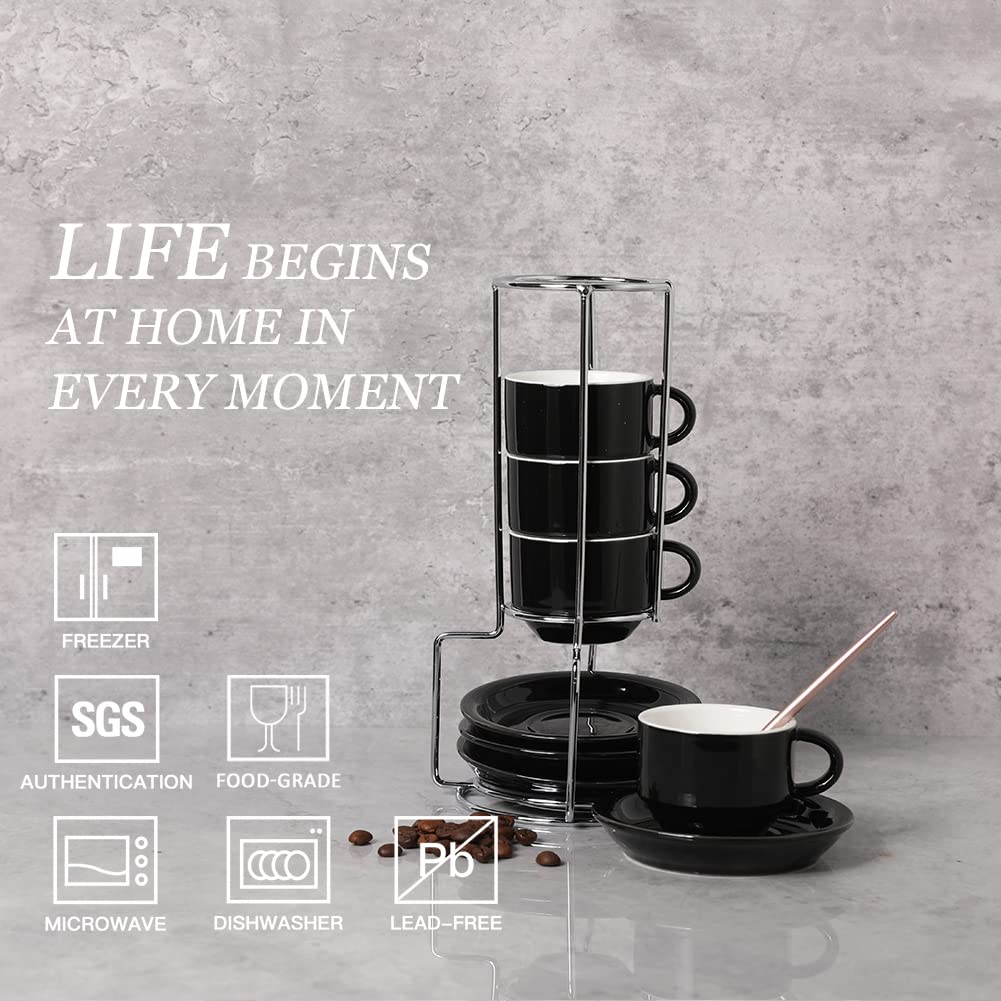 Premium Porcelain Espresso Cups and Saucers Set of 4 - 2.5oz Stackable Cappuccino Cups with Metal Stand for Coffee, Latte, Tea - Elegant Black for Home, Cafe & Office Use