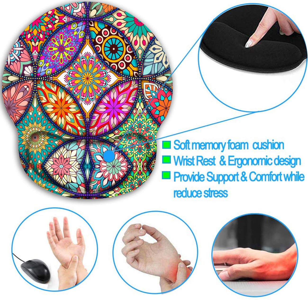 Ergonomic Mouse Pad with Gel Wrist Rest Support - Non-Slip PU Base for Pain Relief - Round Mandala Design Computer Mouse Mat for Office, Gaming & Work - Includes Bonus Mandala Cup Coaster (Perfect for Long Hours of Typing & PC Use)